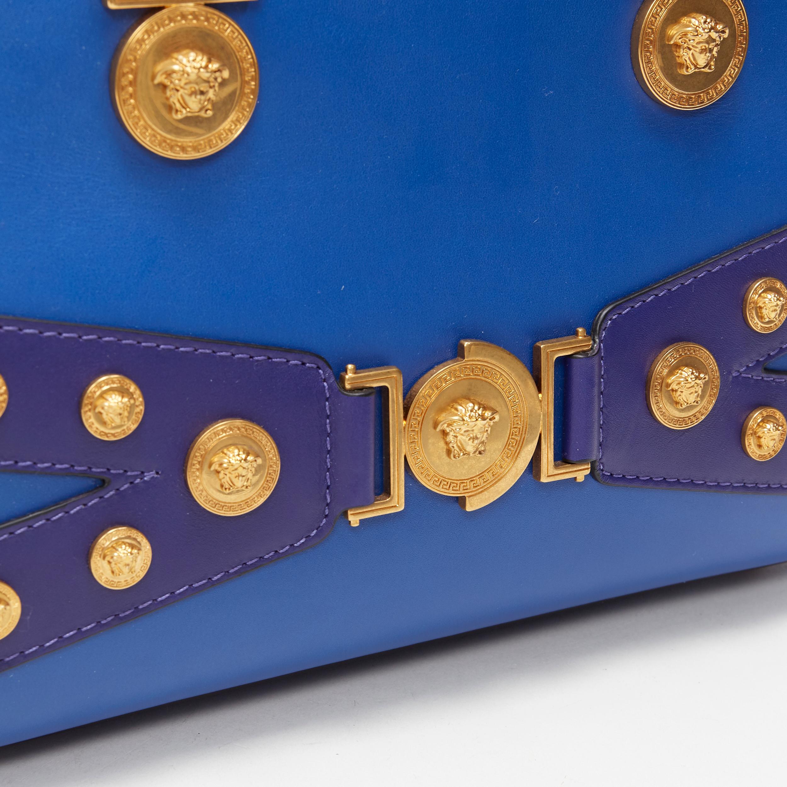 new VERSACE cobalt blue gold Medusa coin stud bondage strap satchel tote bag 5