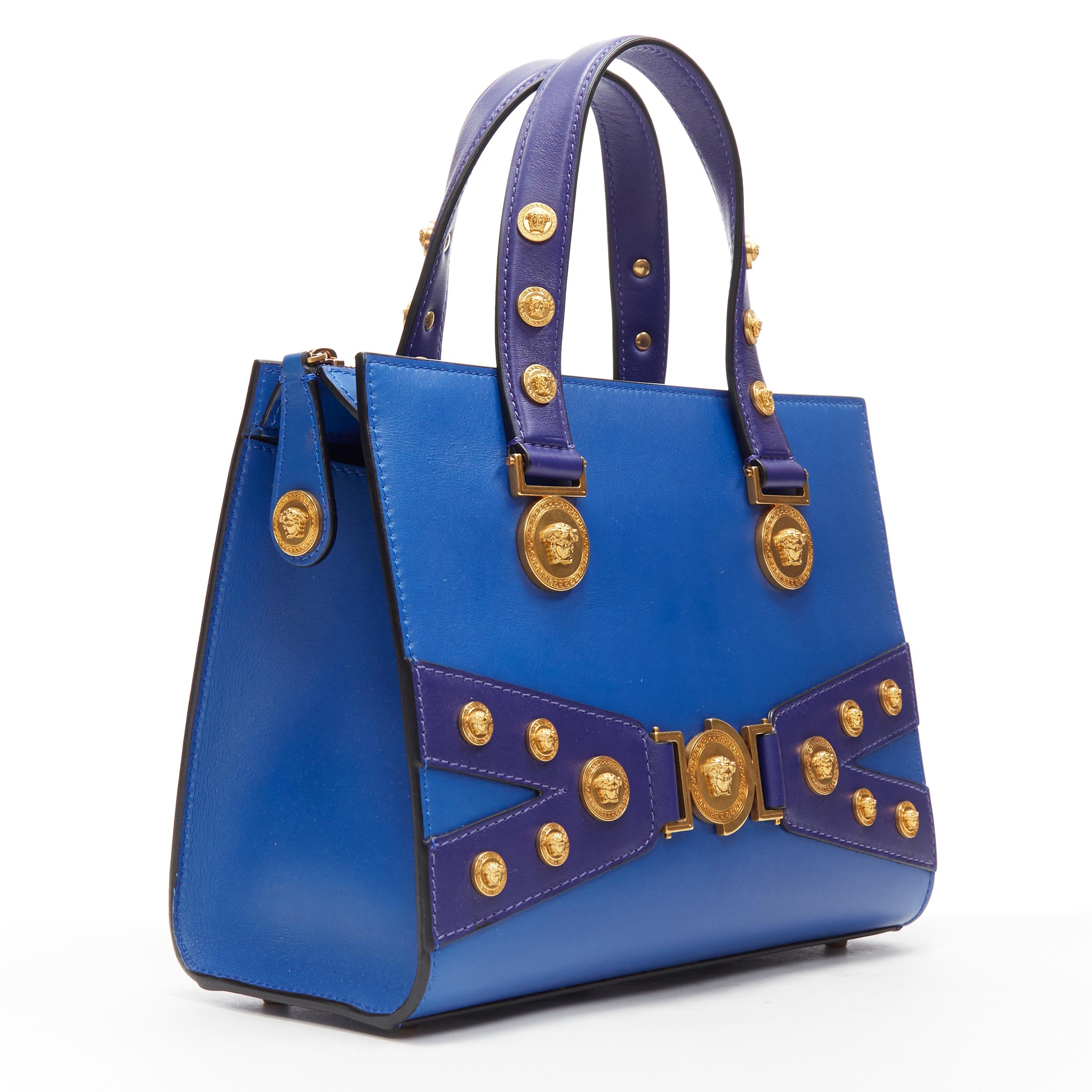 Blue new VERSACE cobalt blue gold Medusa coin stud bondage strap satchel tote bag