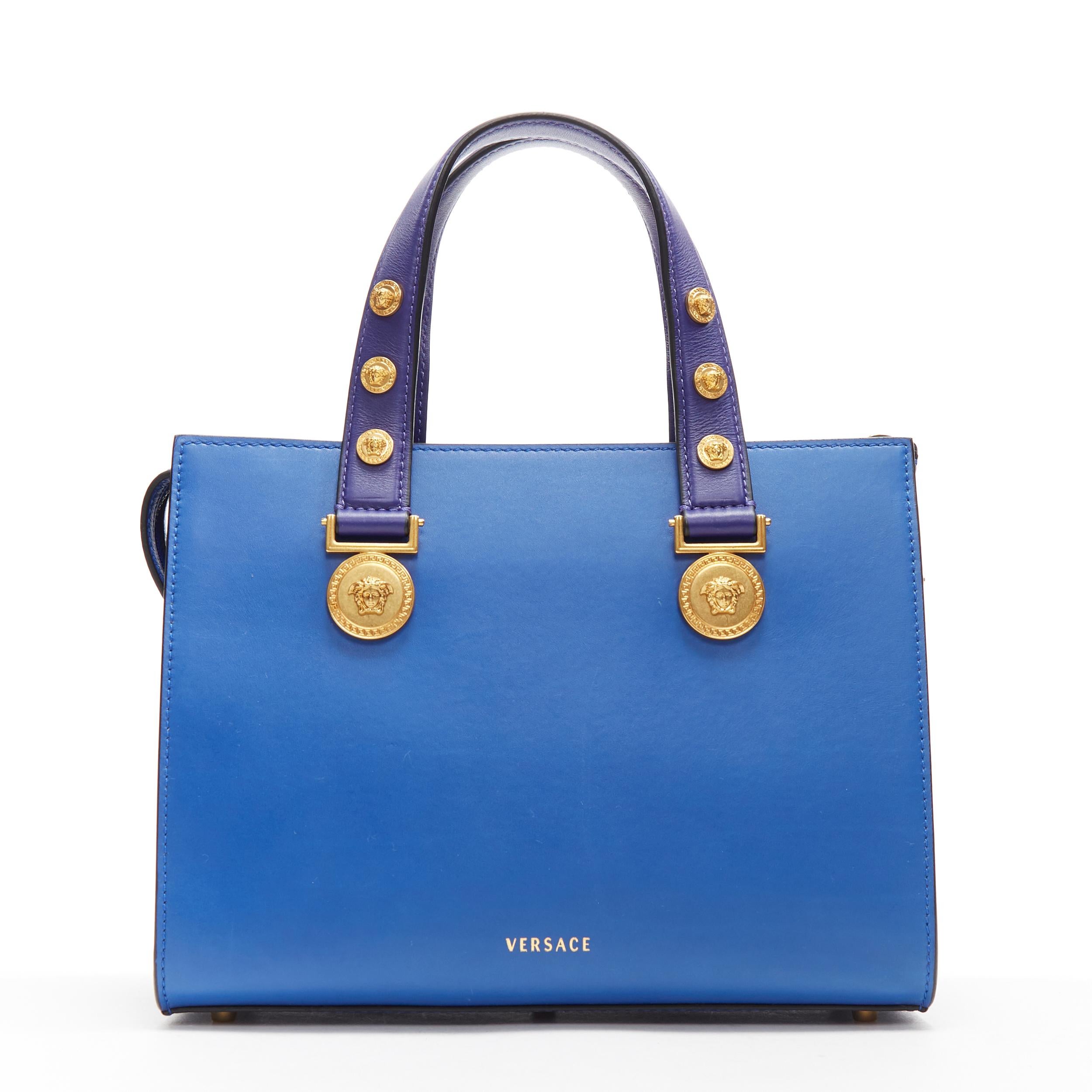 Women's new VERSACE cobalt blue gold Medusa coin stud bondage strap satchel tote bag