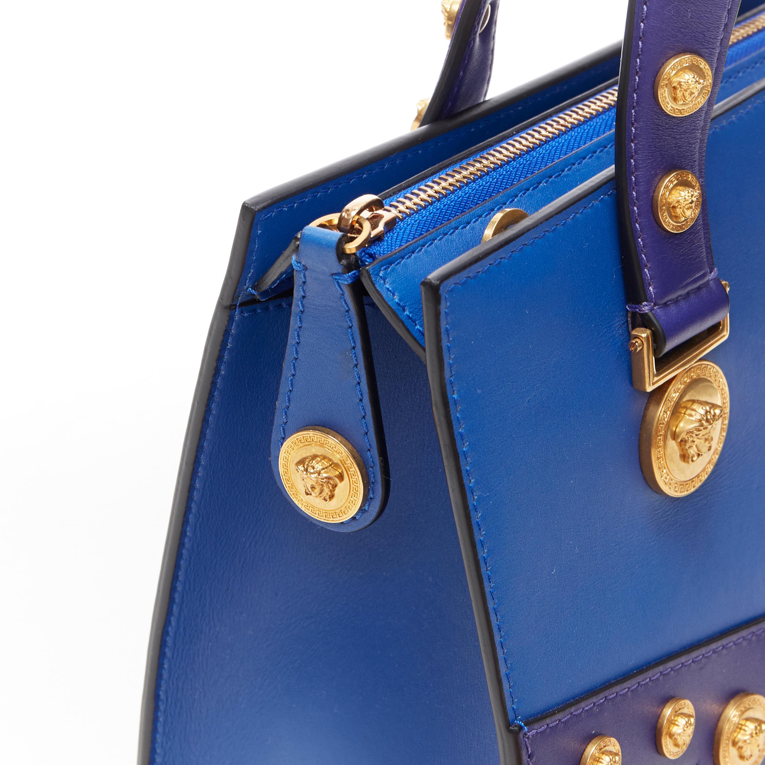 new VERSACE cobalt blue gold Medusa coin stud bondage strap satchel tote bag 2