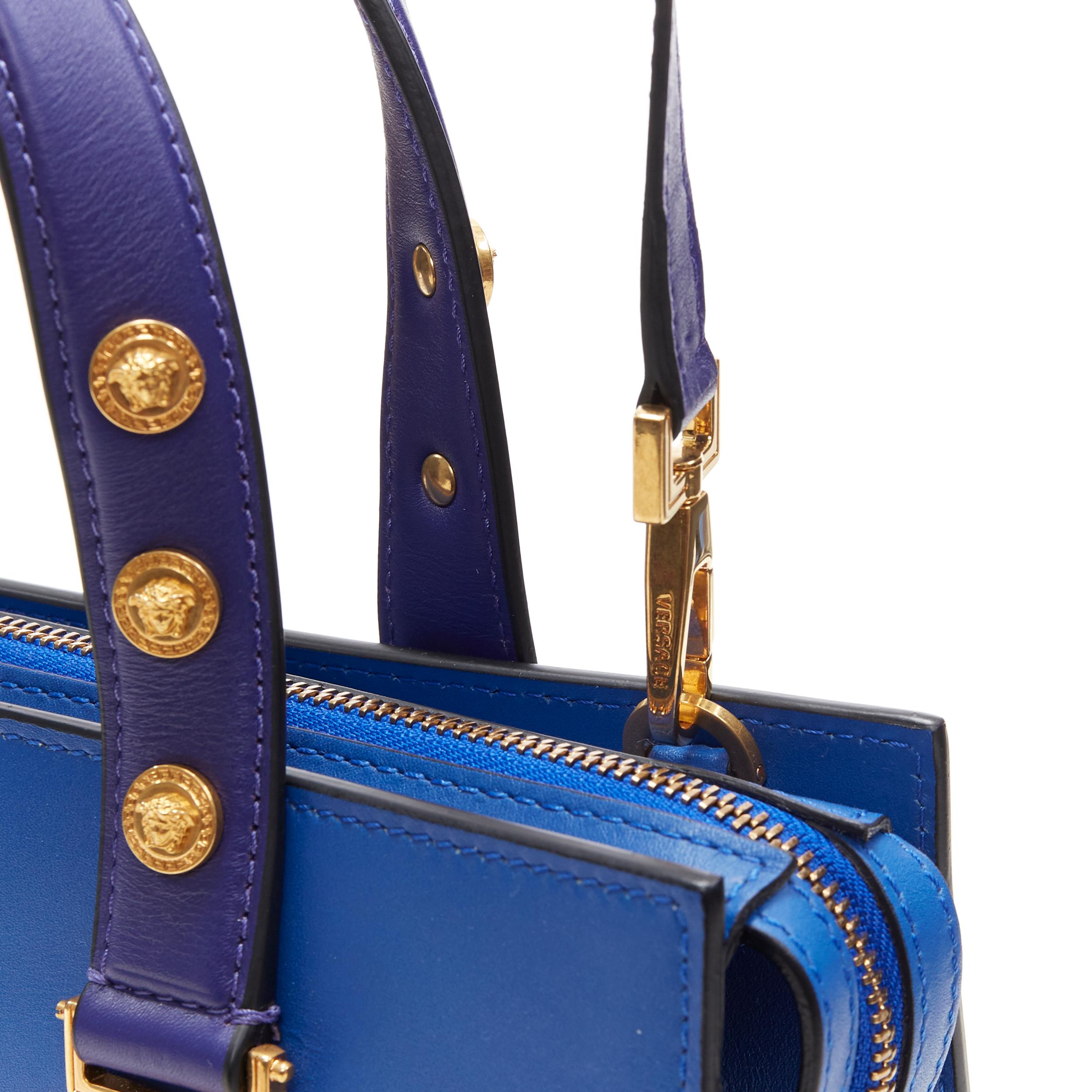 new VERSACE cobalt blue gold Medusa coin stud bondage strap satchel tote bag 3