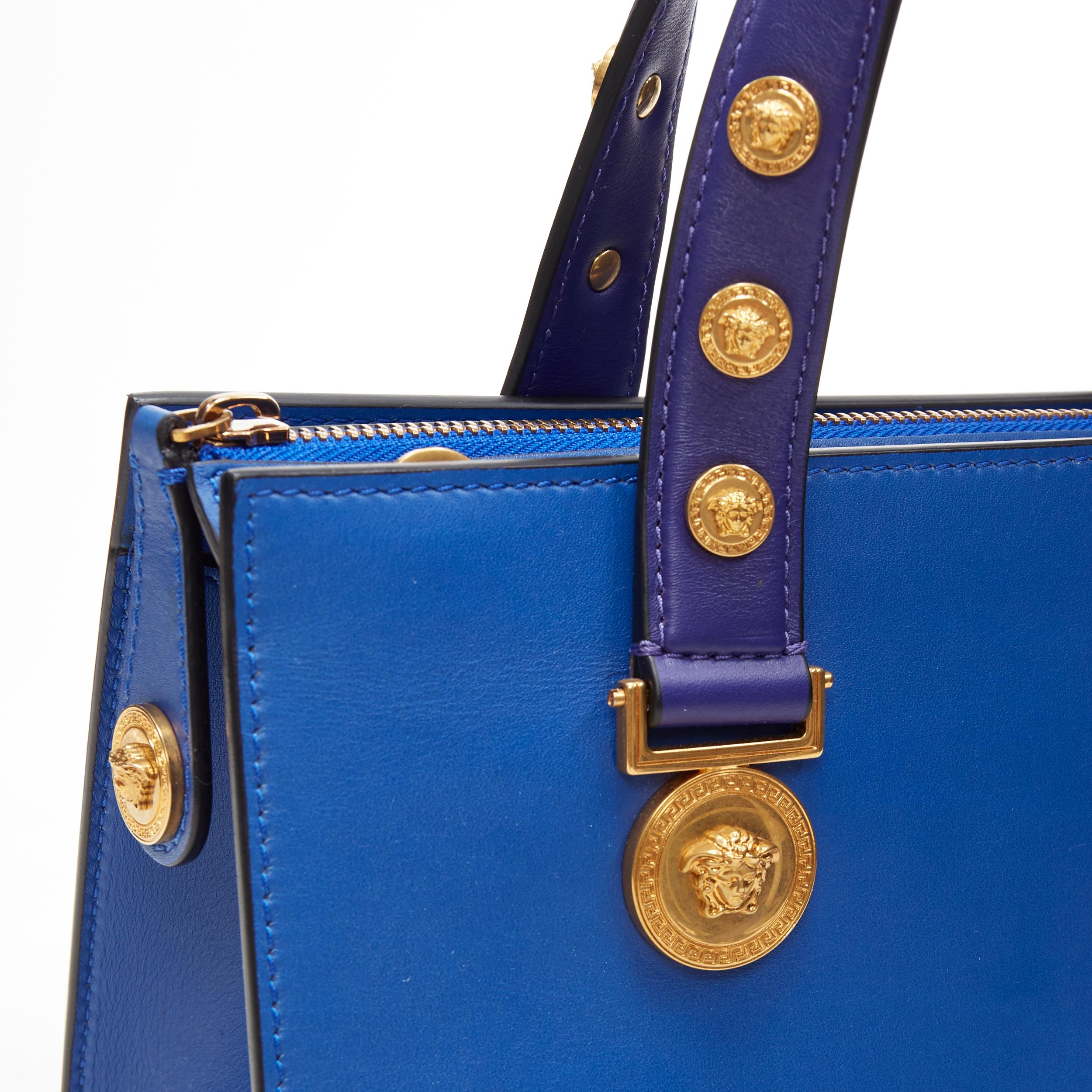 new VERSACE cobalt blue gold Medusa coin stud bondage strap satchel tote bag 4