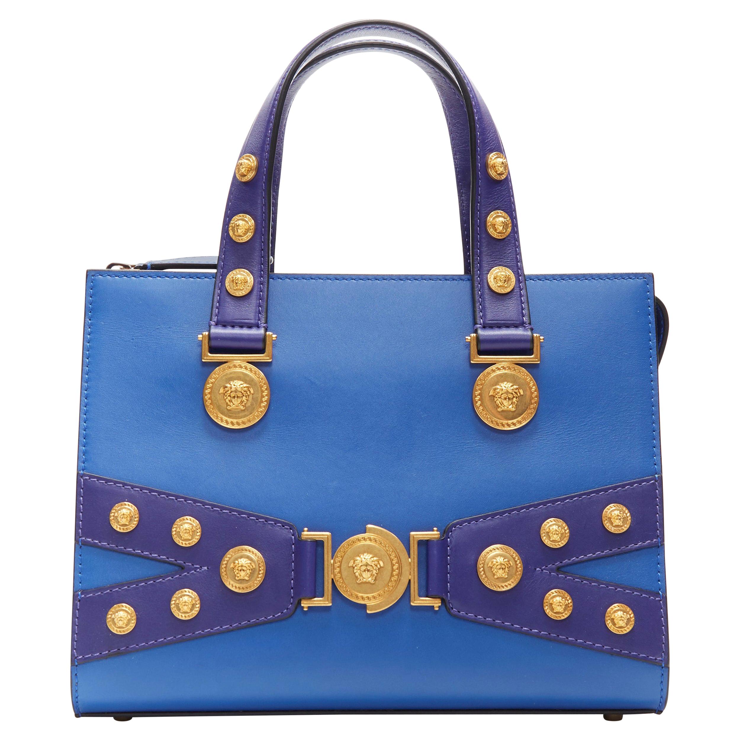 new VERSACE cobalt blue gold Medusa coin stud bondage strap satchel tote bag