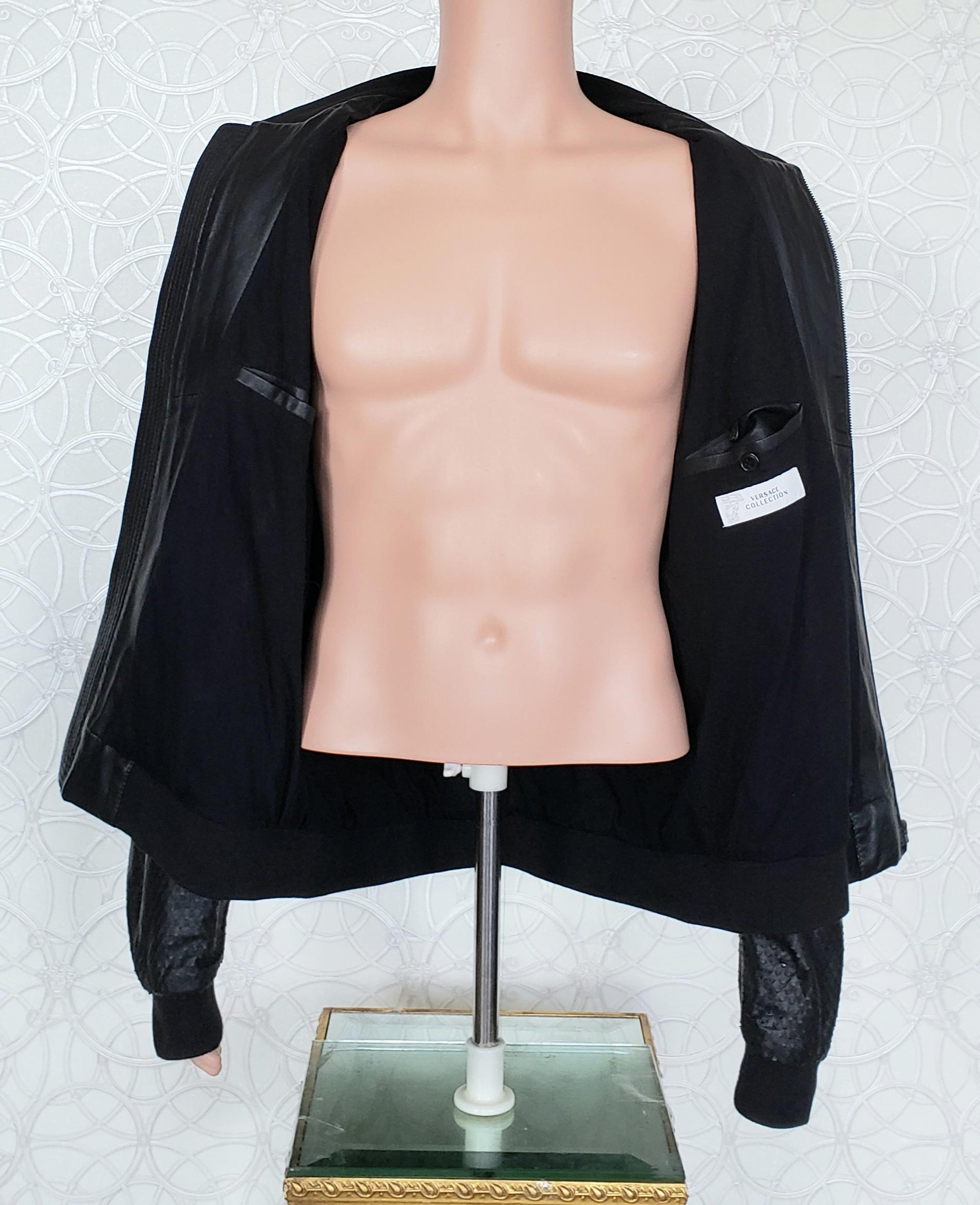 New VERSACE COLLECTION PERFORATED LAMB LEATHER BLACK BOMBER JACKET 56 - 3XL For Sale 2