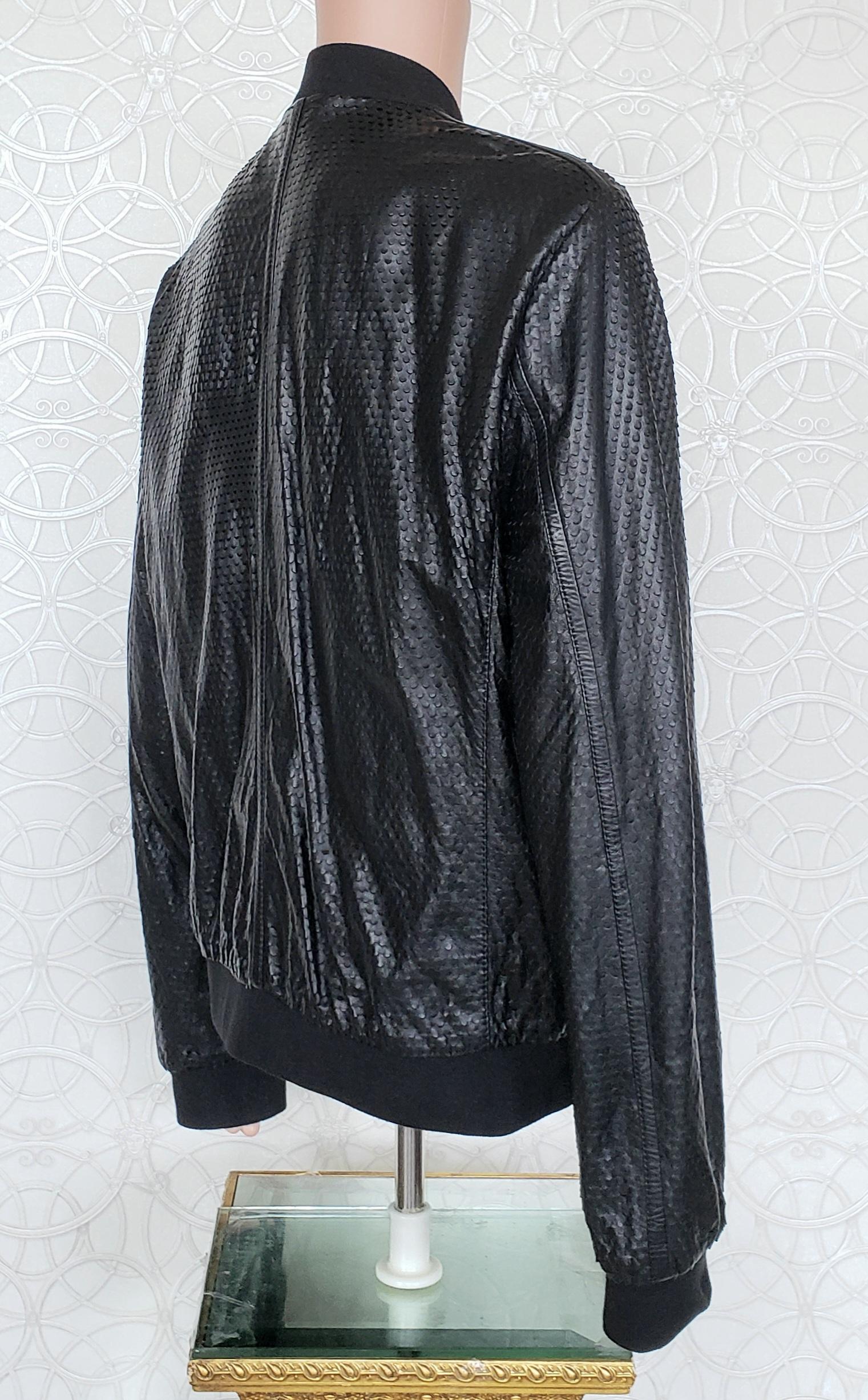 Black New VERSACE COLLECTION PERFORATED LAMB LEATHER BLACK BOMBER JACKET 56 - 3XL For Sale