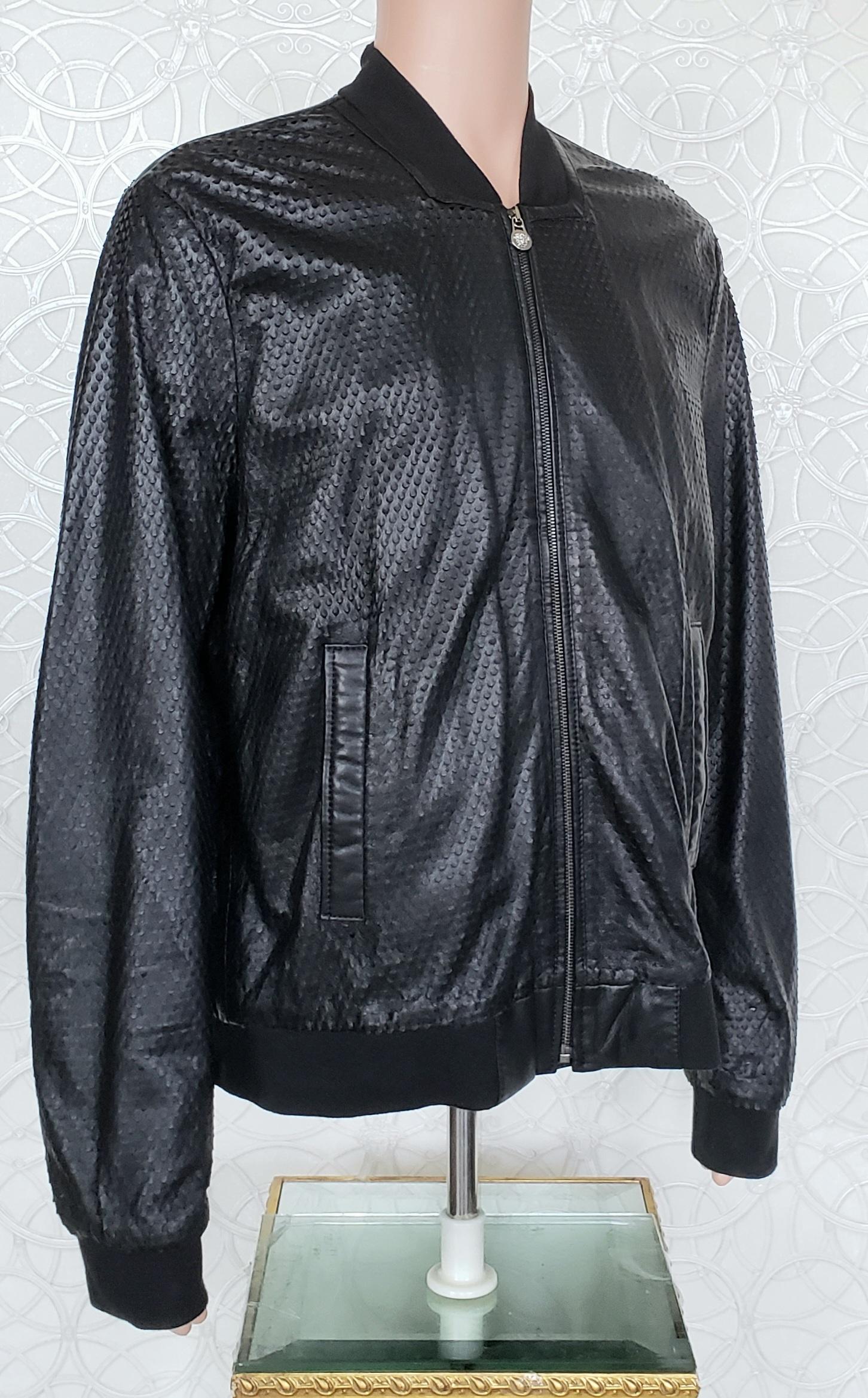 Men's New VERSACE COLLECTION PERFORATED LAMB LEATHER BLACK BOMBER JACKET 56 - 3XL For Sale