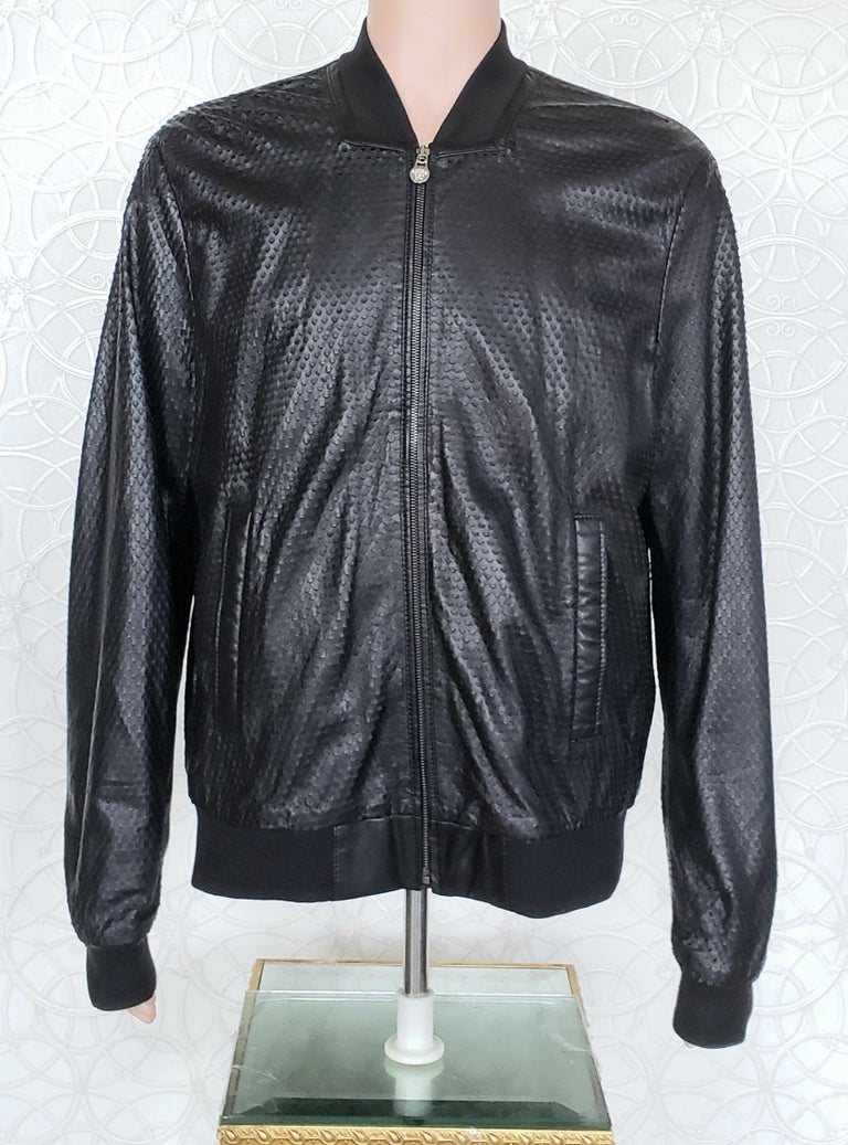 New VERSACE COLLECTION PERFORATED LAMB LEATHER BLACK BOMBER JACKET 56 - 3XL  For Sale at 1stDibs
