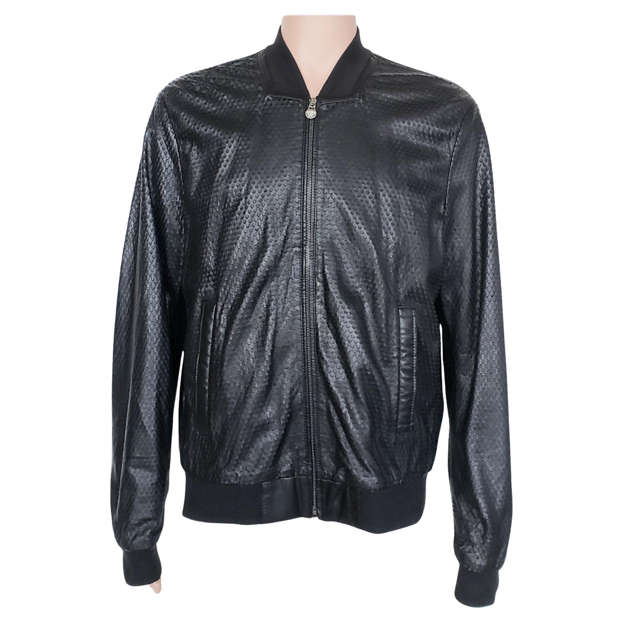New VERSACE COLLECTION PERFORATED LAMB LEATHER BLACK BOMBER JACKET 56 - 3XL For Sale