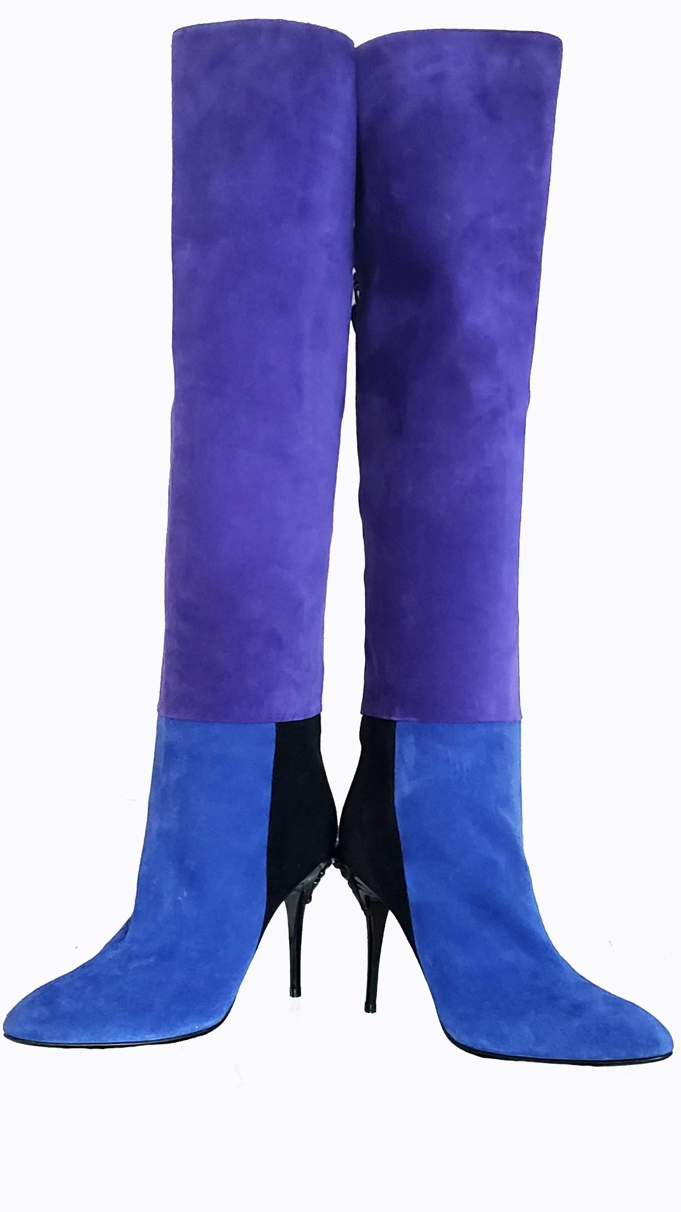 Blue New VERSACE COLOR BLOCK BLUE SUEDE PALAZZO BOOTS 37 - 7 For Sale