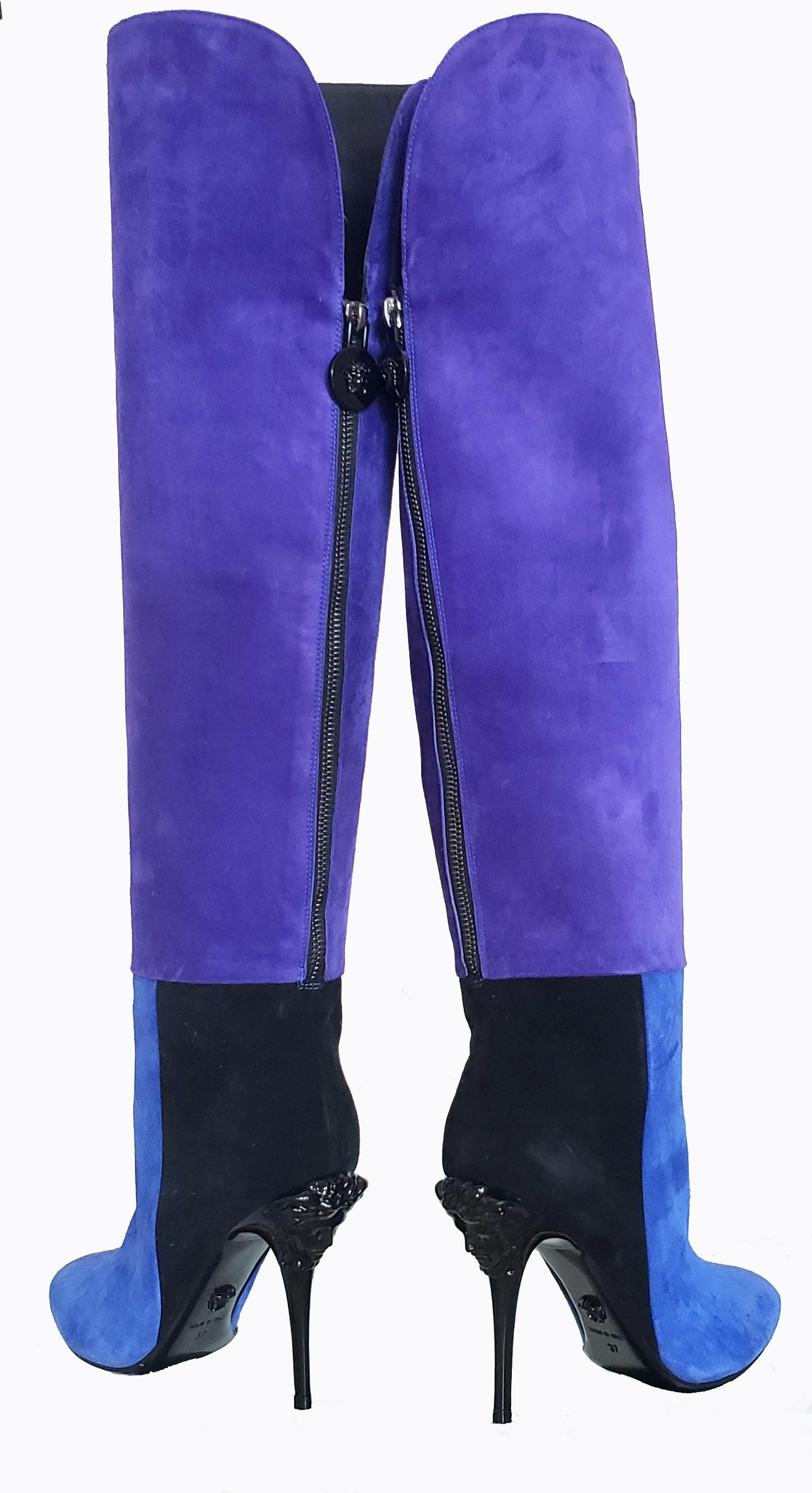 Women's New VERSACE COLOR BLOCK BLUE SUEDE PALAZZO BOOTS 37 - 7 For Sale