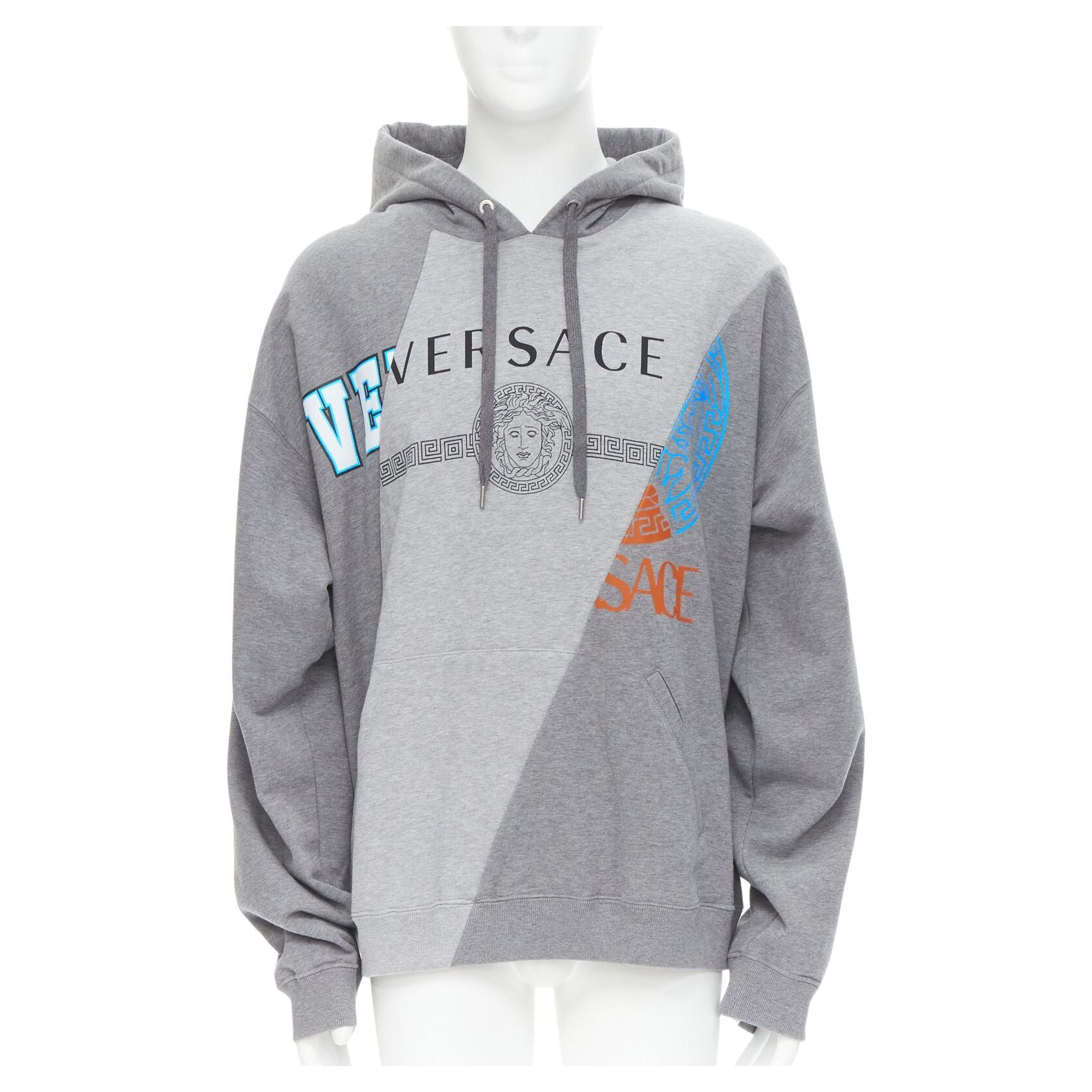 new VERSACE Compilation deconstructed mixed logo cotton hoodie grey melange XL