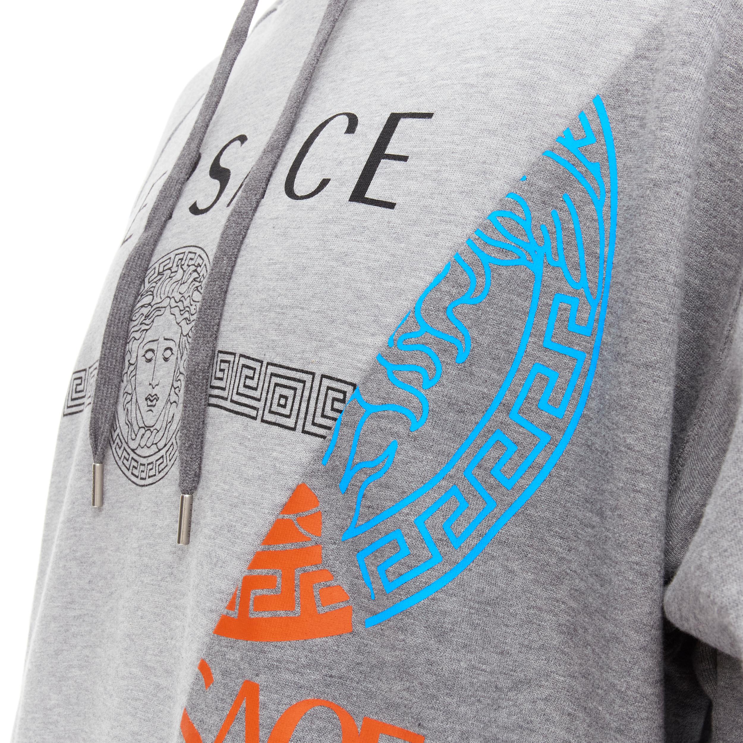 Men's new VERSACE Compilation deconstructed mixed logo cotton hoodie grey melange XS For Sale