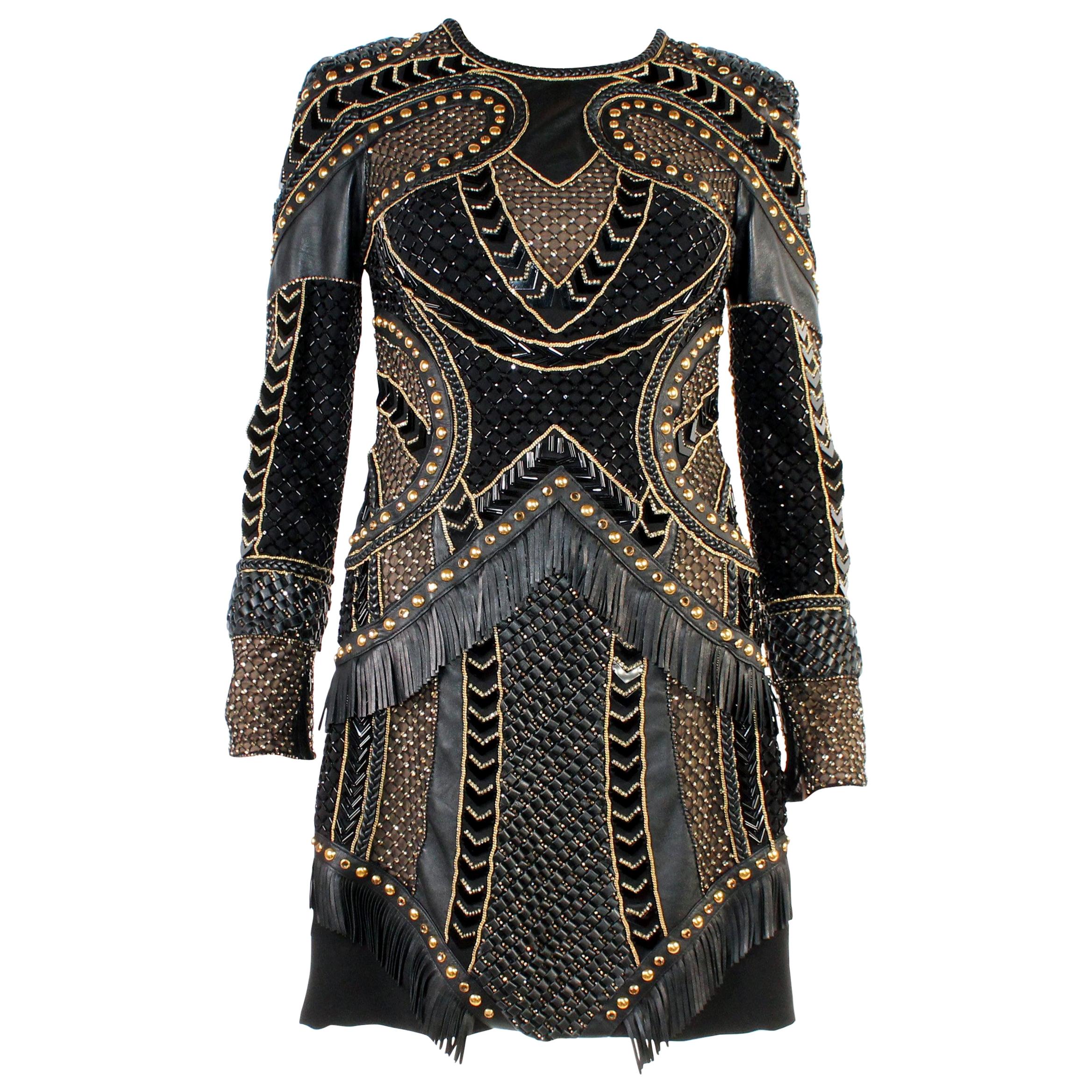 New Versace Crystal and Stud Embellished Leather Dress w/ Fringe