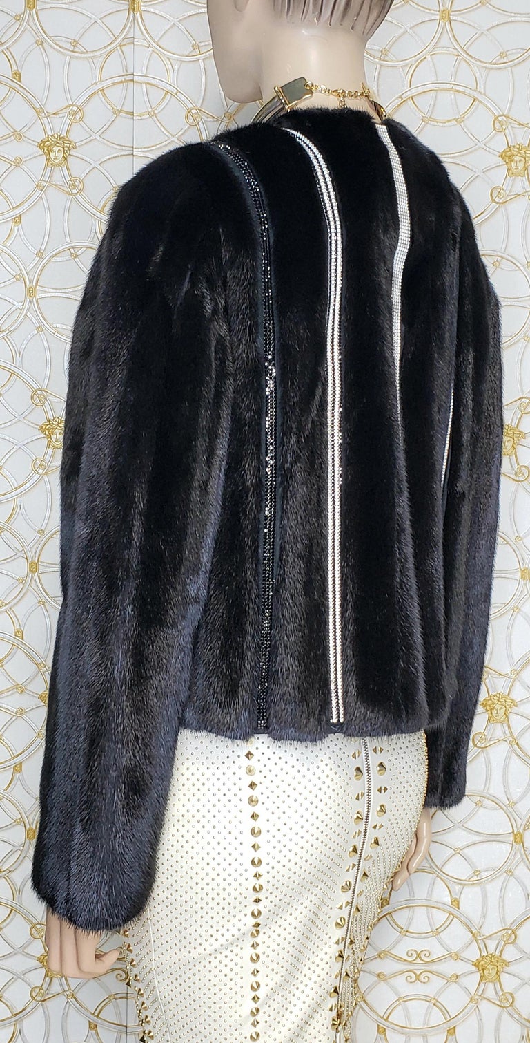 NEW VERSACE CRYSTAL EMBELLISHED BLACK MINK FUR Jacket 44 For