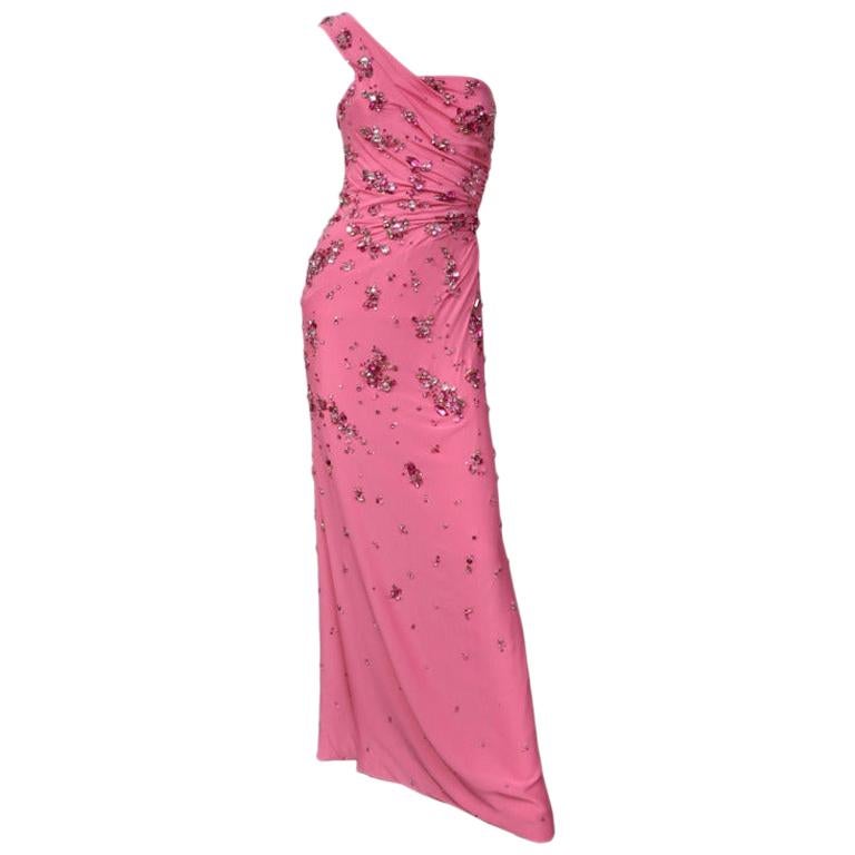 New Versace Crystal Embellished One Shoulder Pink Gown