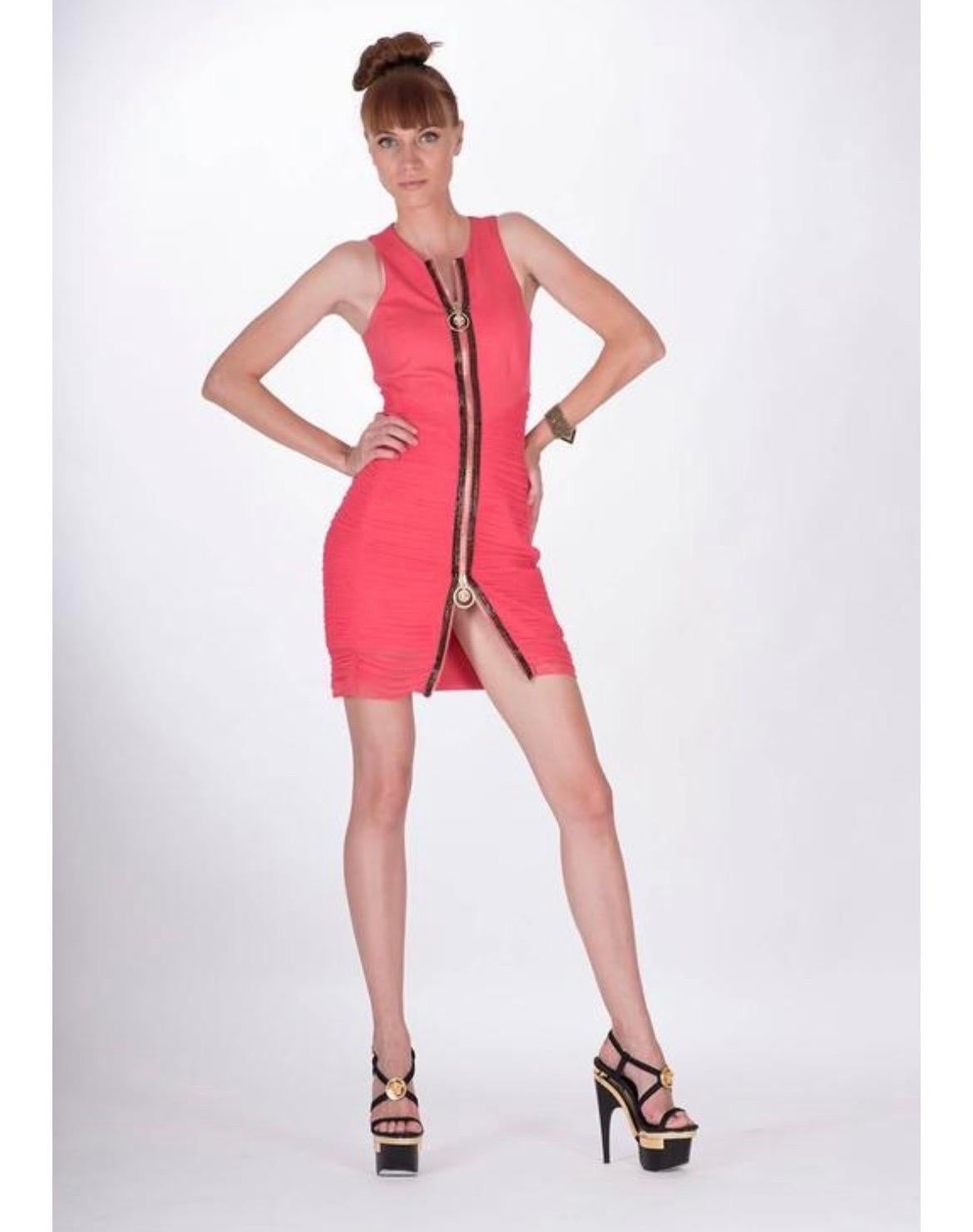 New Versace Crystal Embellished Pink Ruched mini dress For Sale 2