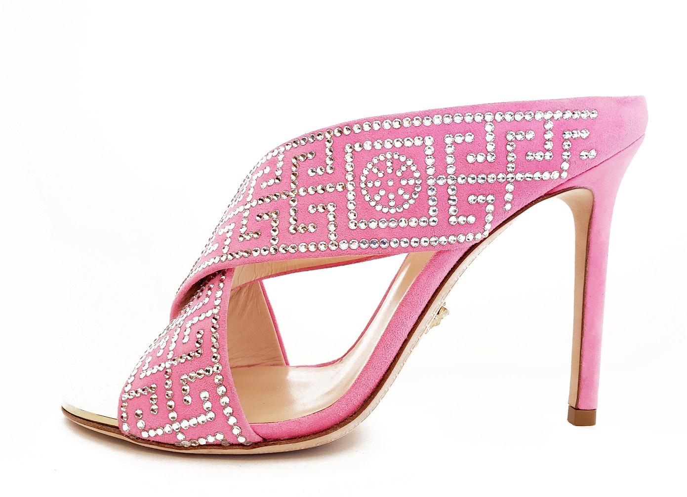 New VERSACE crystal embellished pink sandals 36.5 - 6.5 In New Condition In Montgomery, TX
