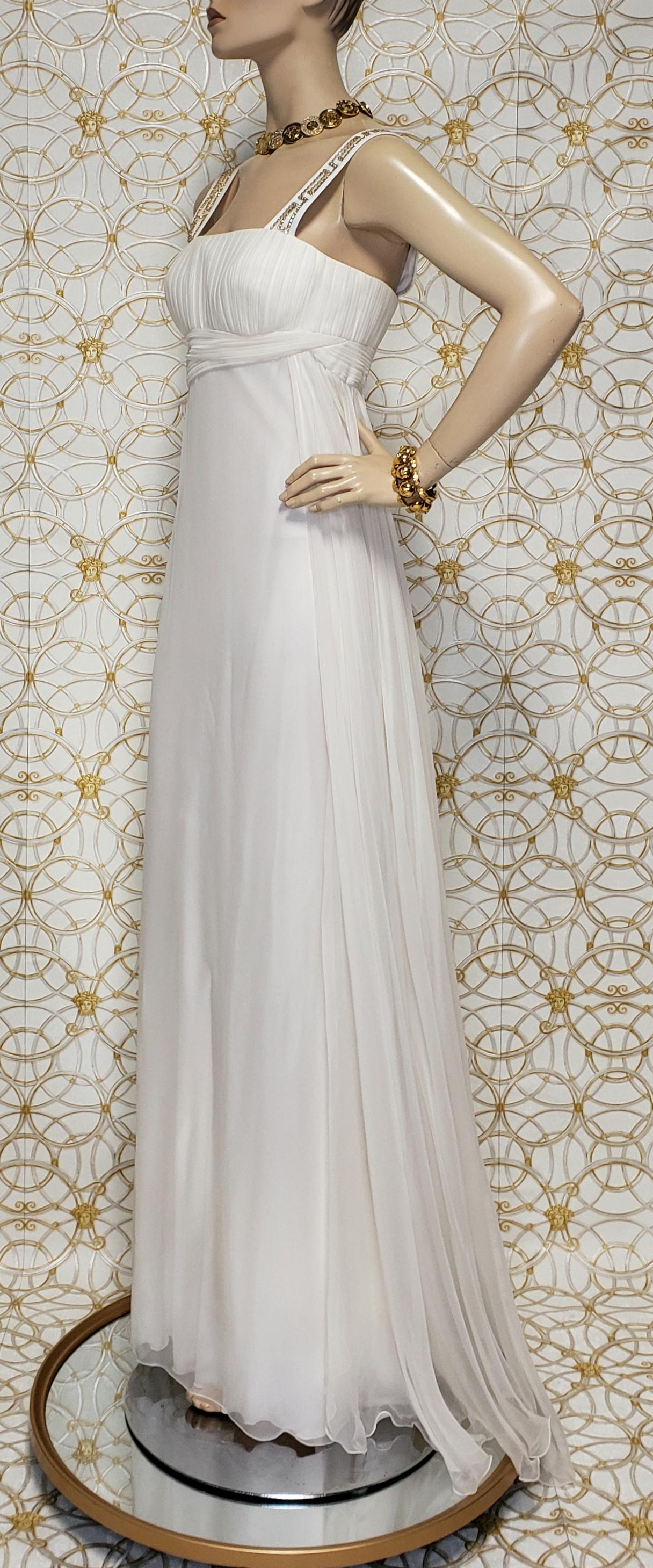 Gray New Versace Crystal Embellished White Silk Gown 44 - 8