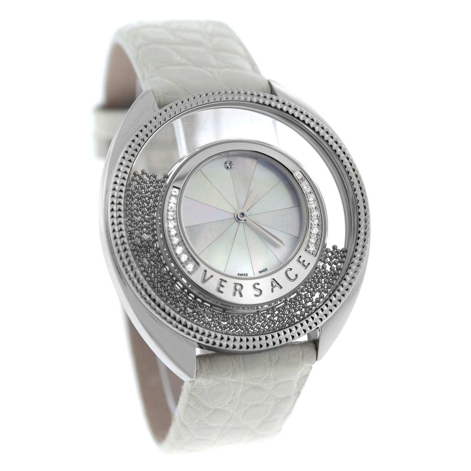 Brand	Versace
Model	Destiny Spirit 86Q91D498 S001
Gender	Ladies
Condition	New
Movement	Swiss Quartz
Case Material	Stainless Steel 
Bracelet / Strap Material	
Genuine Alligator Handmade in Italy

Clasp / Buckle Material	
Stainless Steel

Clasp
