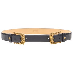 neu VERSACE doppelte Barockschnalle Medusa Stud schwarzer Ledergürtel FR90