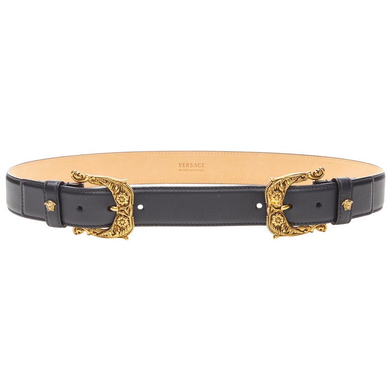 new VERSACE double baroque buckle medusa stud black leather  display picture 2
