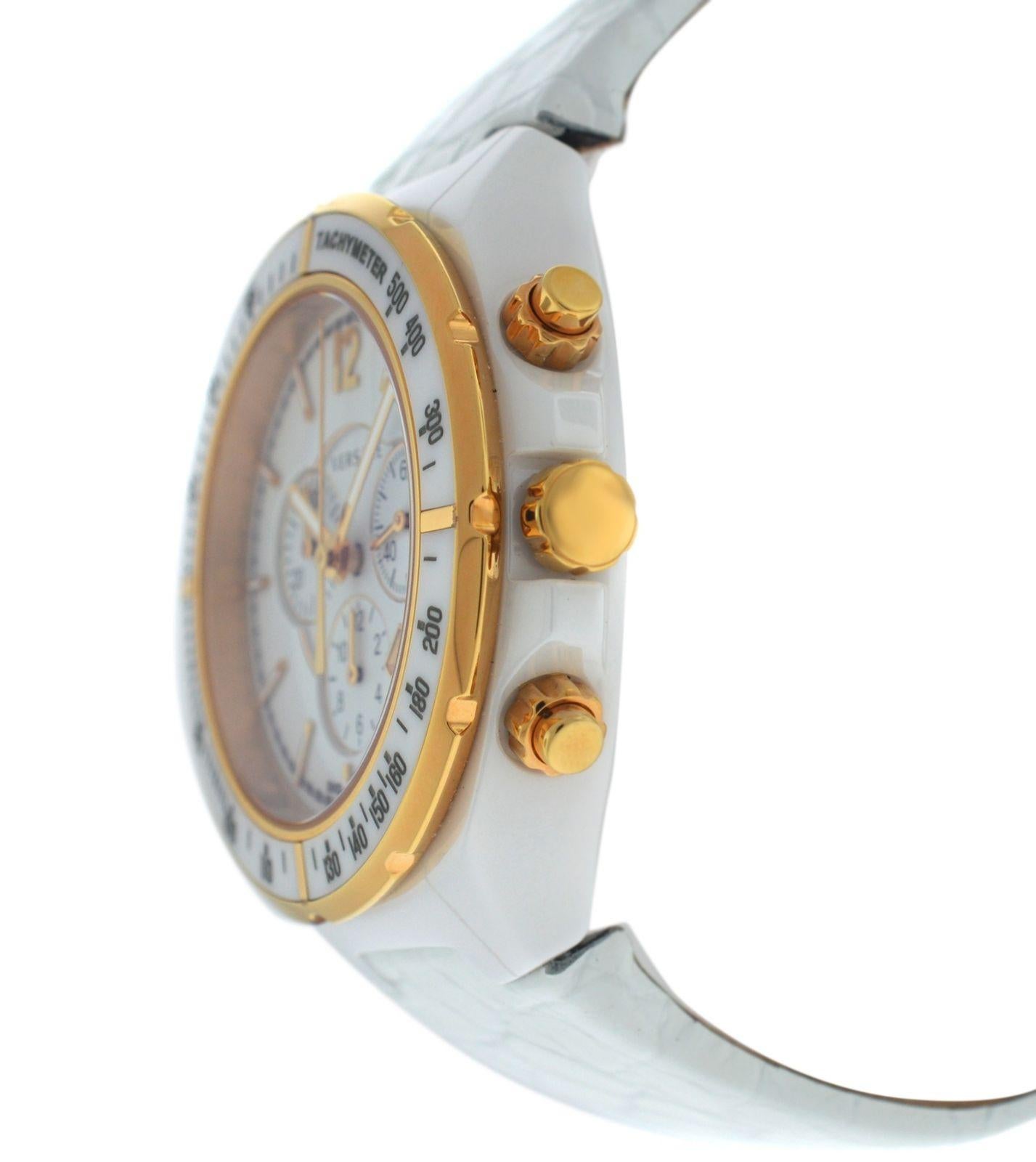 Brand	Versace
Model	DV One 28CCP1D001 S001
Gender	Ladies
Condition	New
Movement	Swiss Quartz
Case Material	Ceramic & gold tone steel
Bracelet / Strap Material	
Genuine leather

Clasp / Buckle Material	
Gold tone Stainless Steel

Clasp Type	Butterfly