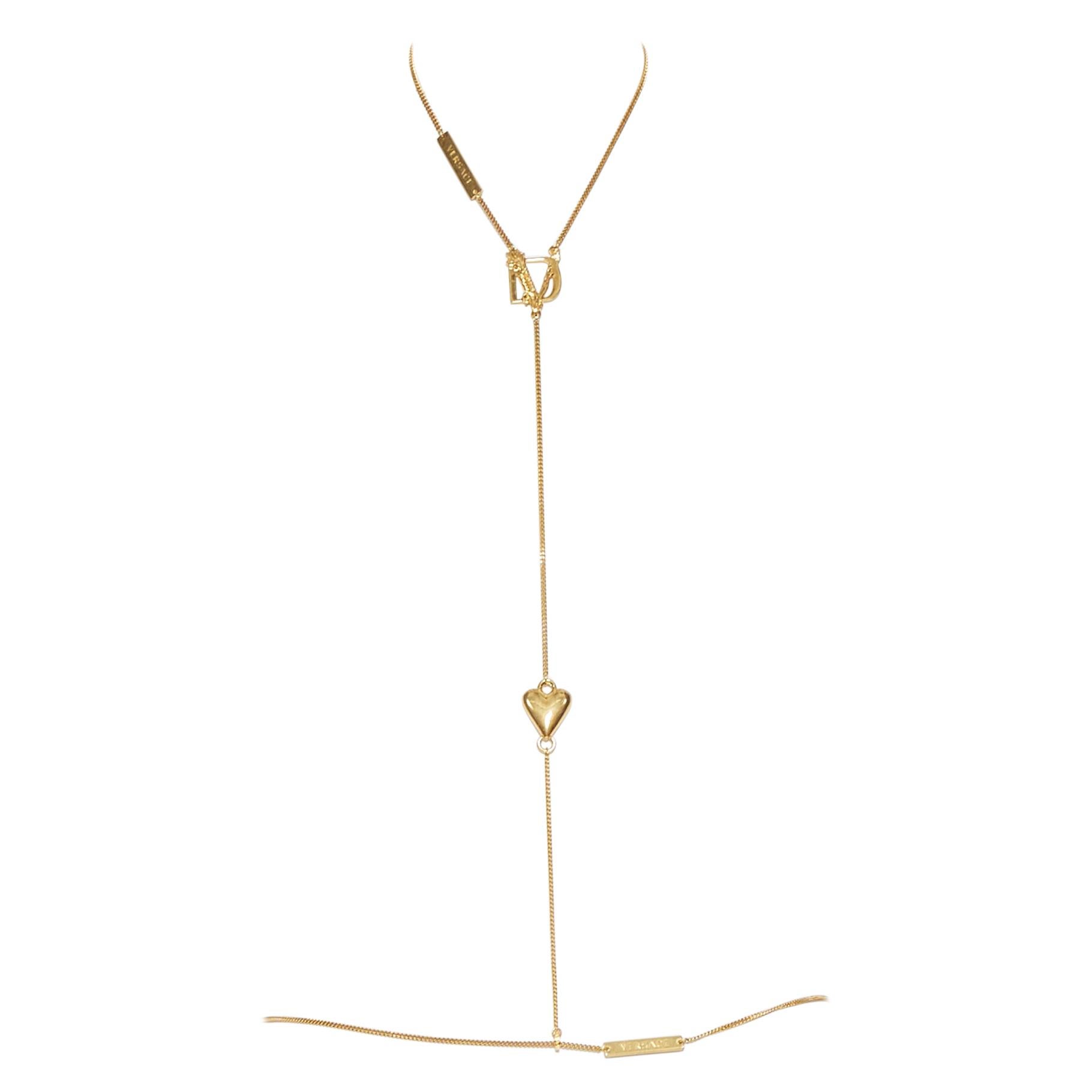 new VERSACE DV Virtus Love Heart logo plate Medusa gold-tone bodychain necklace
