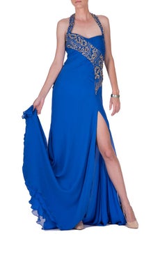 Versace - Robe dos nu marbrée en soie bleue, neuve, automne-hiver 2009, taille 42/6