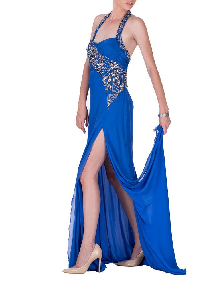 F/W 2009 NEW VERSACE BLUE SILK EMBROIDERED HALTER Gown 42 6 For Sale