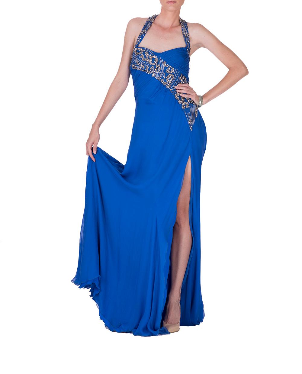 Blue F/W 2009 NEW VERSACE BLUE SILK EMBROIDERED HALTER Gown 42 - 6 For Sale