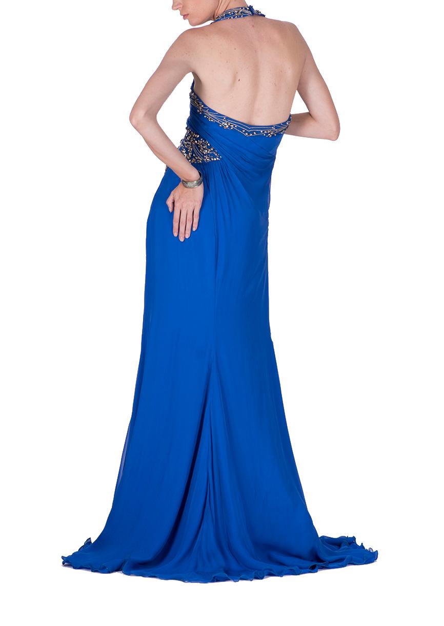 Women's F/W 2009 NEW VERSACE BLUE SILK EMBROIDERED HALTER Gown 42 - 6 For Sale