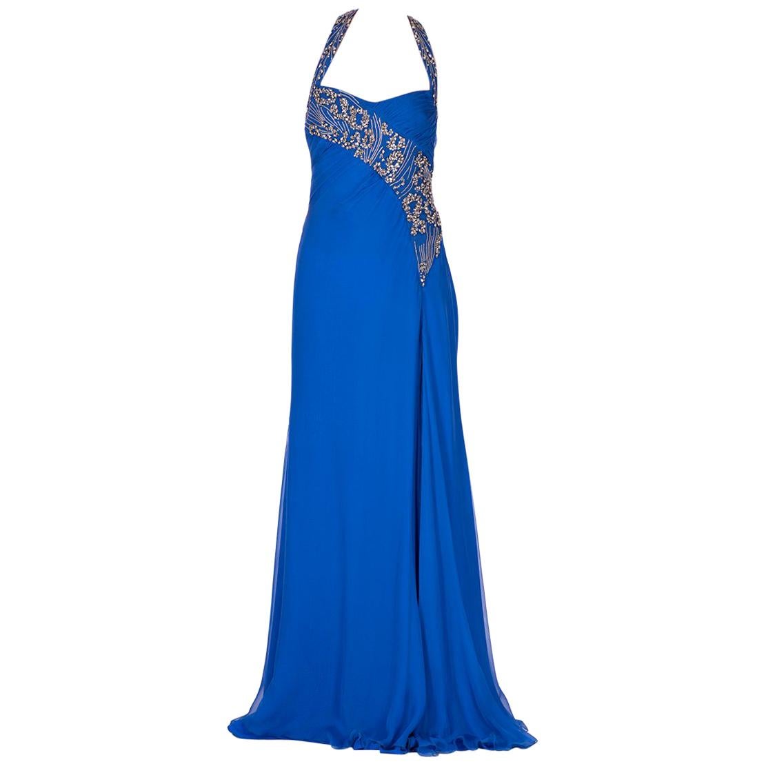F/W 2009 NEW VERSACE BLUE SILK EMBROIDERED HALTER Gown 42 - 6 For Sale