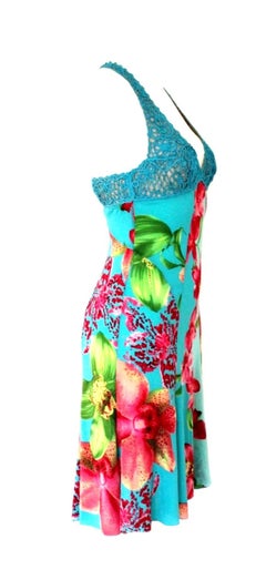 Versace Floral Orchid Print Silk & Macrame Cocktail Evening Dress