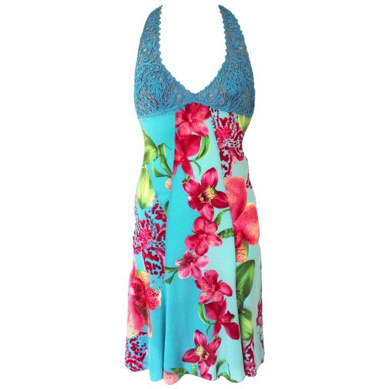 NEW Versace Floral Orchid Print Silk and Macrame Cocktail Evening Dress ...