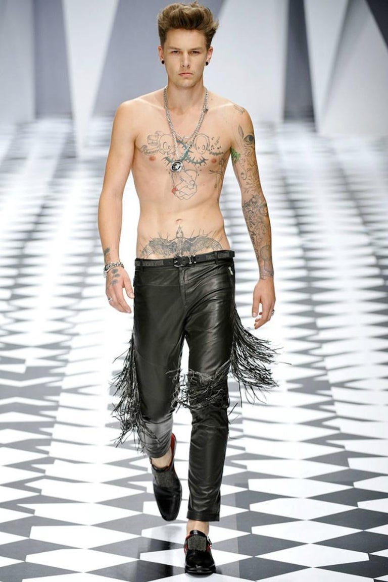 NEW VERSACE FRINGED BLACK LEATHER PANTS for MEN at 1stDibs mens fringe pants, men fringe pants