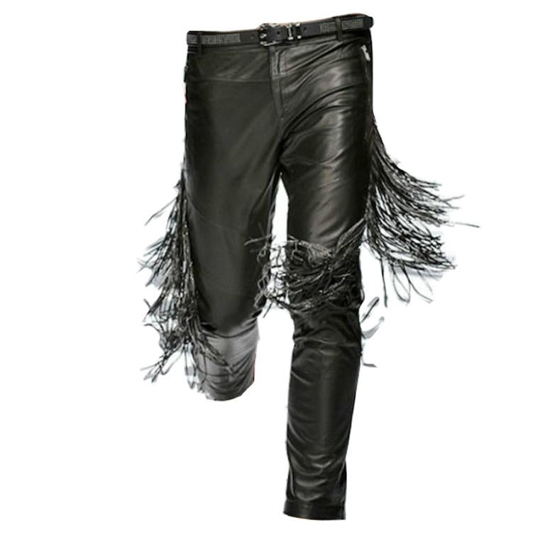 NEW VERSACE FRINGED BLACK LEATHER PANTS for MEN