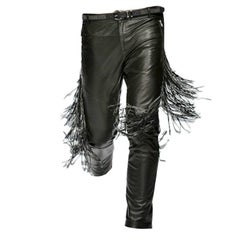 NOUVEAU Pantalon en cuir noir VERSACE FRINGED pour HOMME