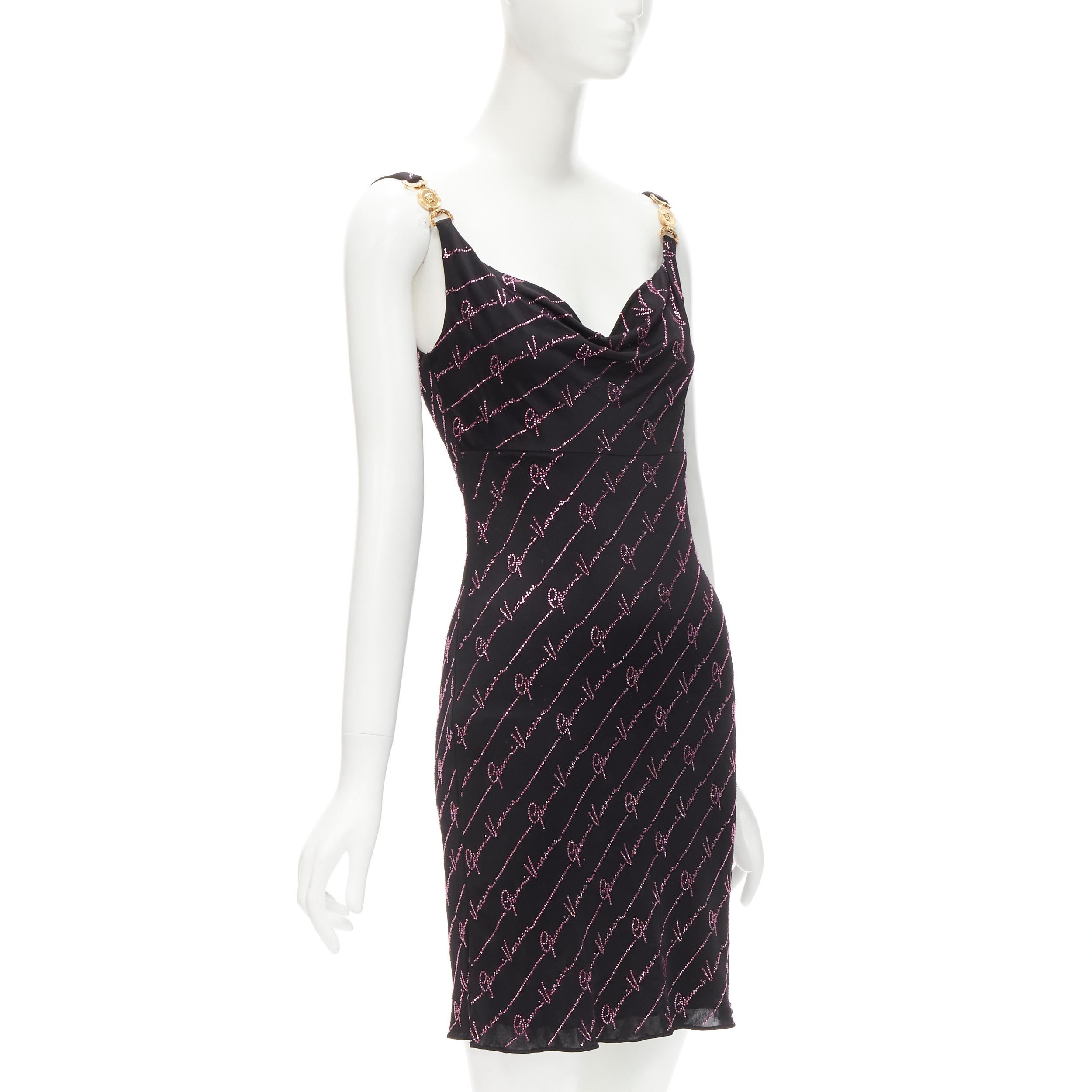 new VERSACE Gianni Signature black pink crystal encrusted Medusa dress IT38 XS
Brand: Versace
Collection: Resot 2020 
Extra Detail: Stretch fabric. Draped neckline. Gold-tone Signature Medusa buckle at shoulder strap. Fully encrusted in sparkly