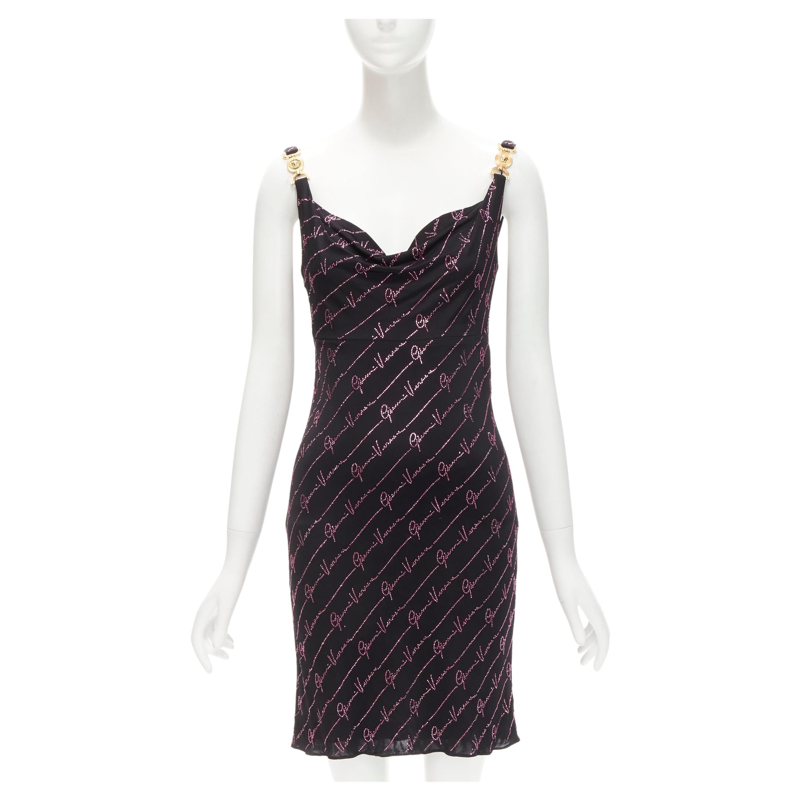 new VERSACE Gianni Signature black pink crystal encrusted Medusa dress IT40 S For Sale