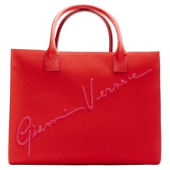 new VERSACE Gianni Signature pink logo embroidery red canvas tote bag