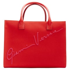 new VERSACE Gianni Signature pink logo embroidery red canvas tote bag