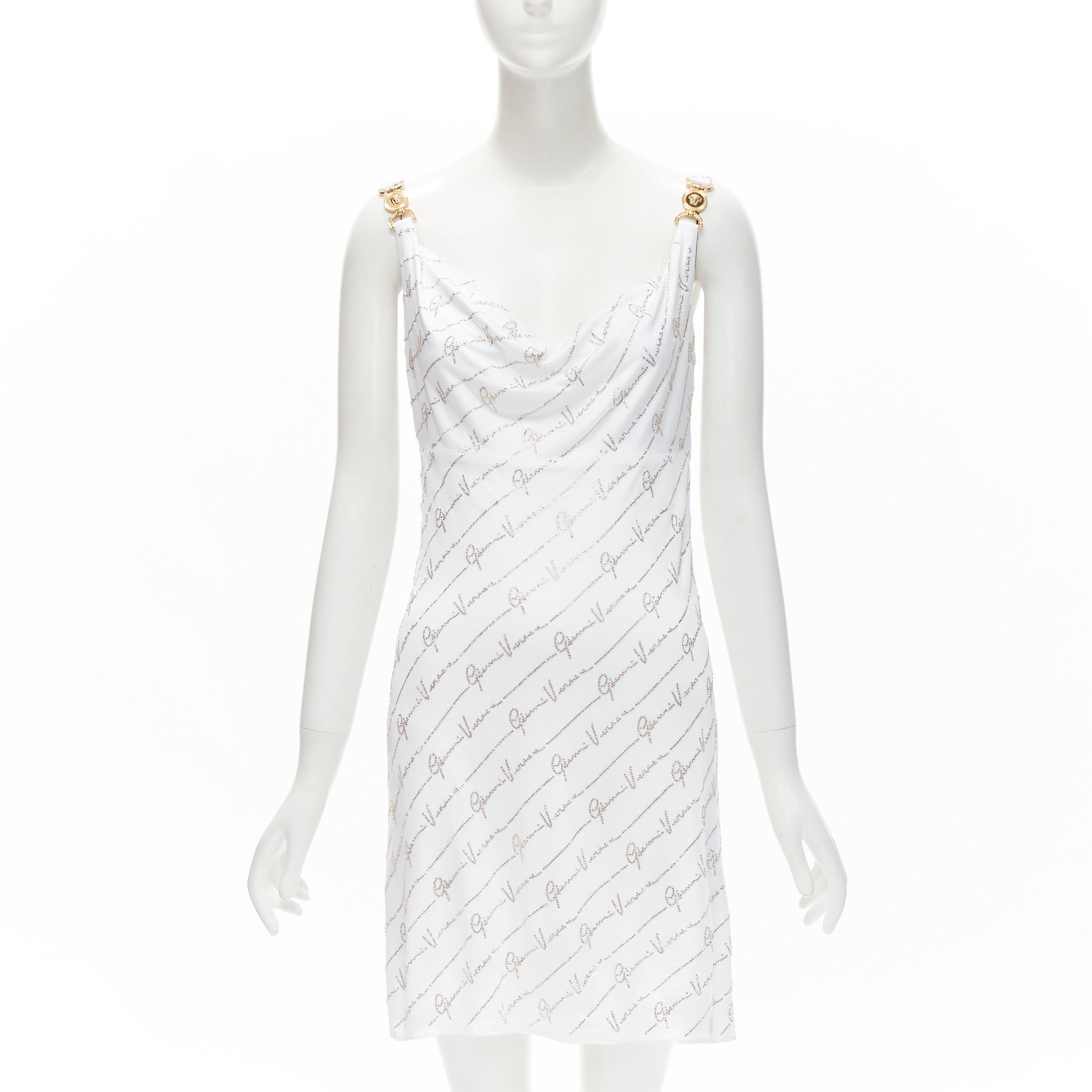 Versace - Robe Medusa incrustée de cristaux blancs incrustés, signature Gianni, taille IT 44 L, état neuf en vente