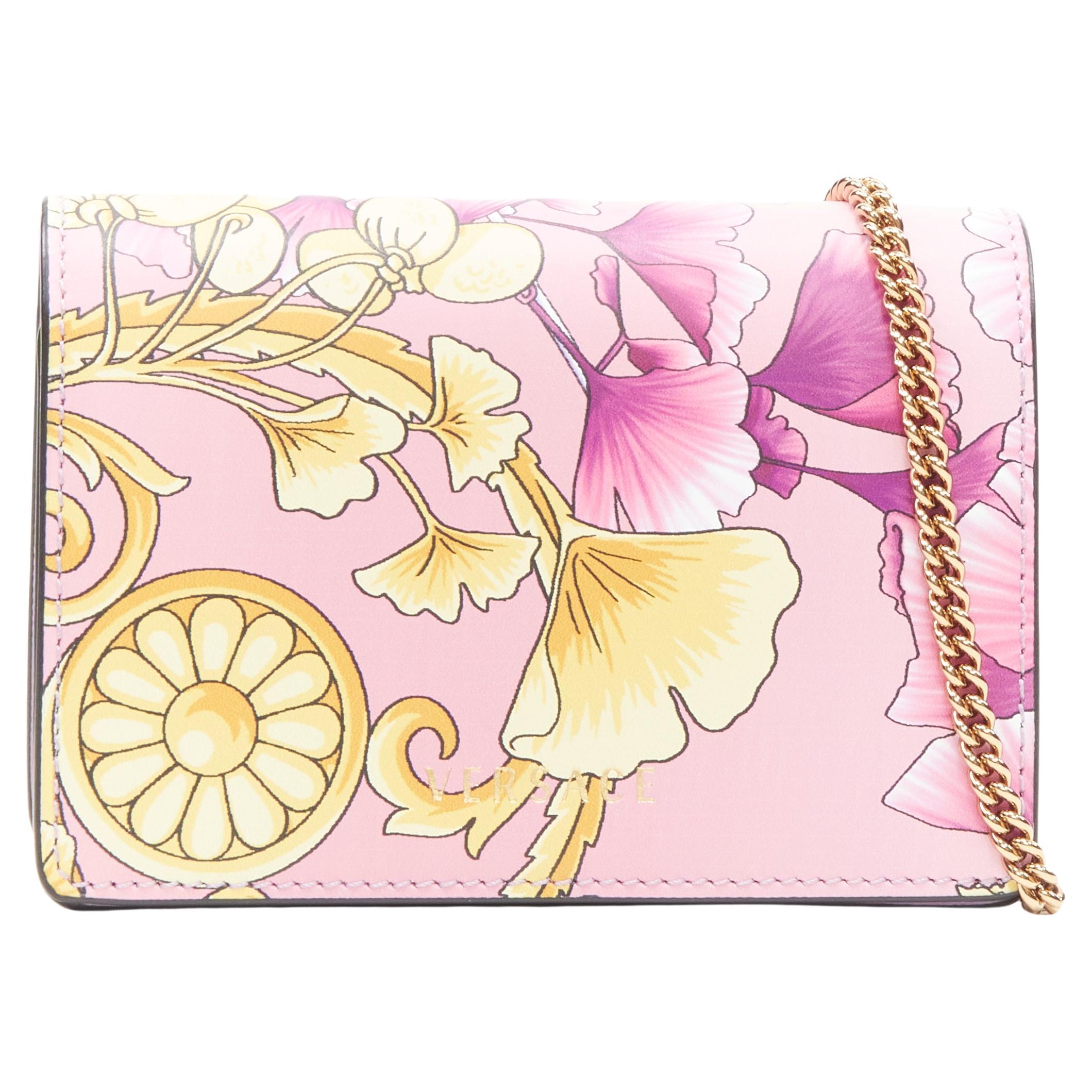 new VERSACE Gingko Barocco pink gold floral leather wallet crossbody micro bag