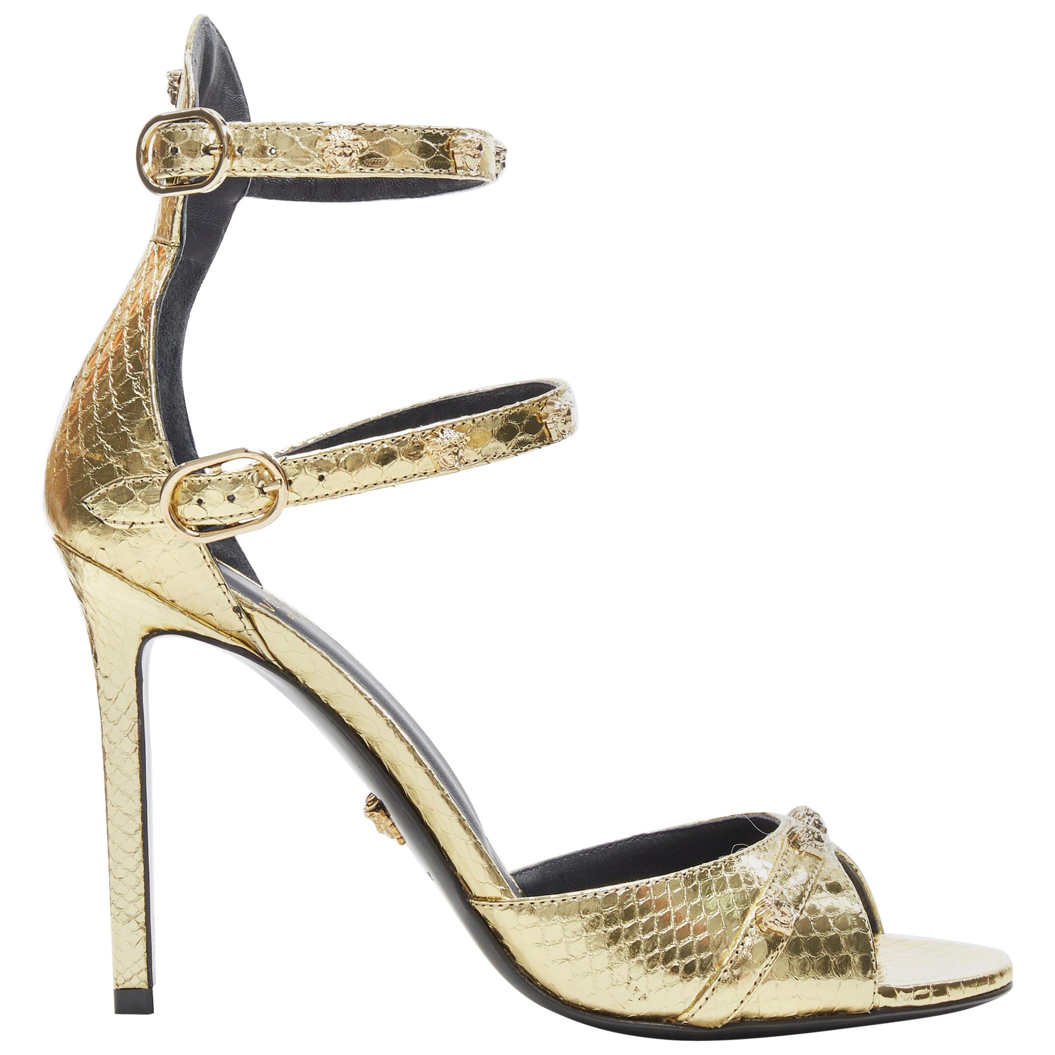 new VERSACE gold Ayers leather Medusa stud open toe strappy heel ...