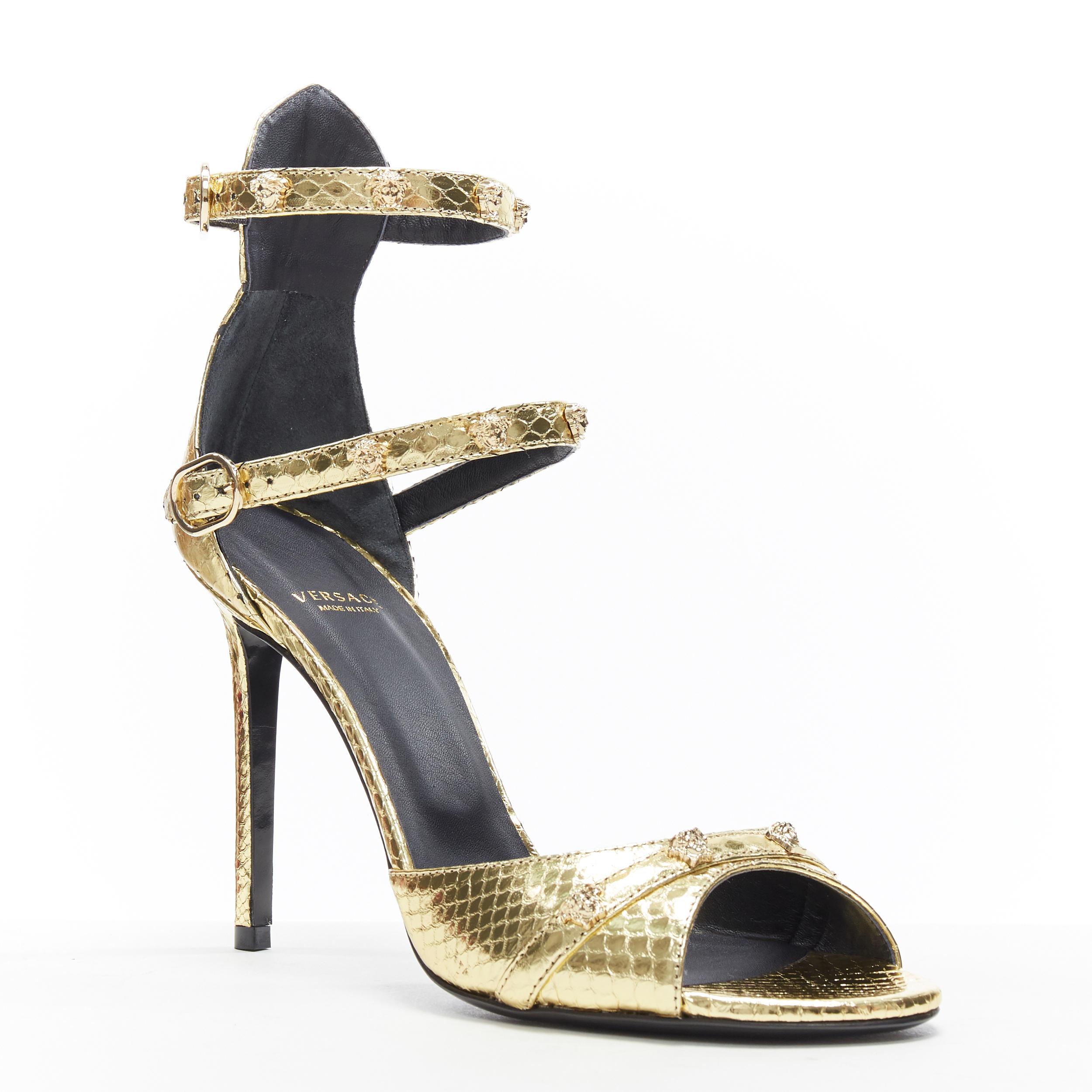 new VERSACE gold Ayers leather Medusa studded open toe strappy heel ...