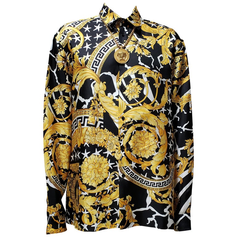 NEW VERSACE GOLD BLACK BAROQUE PRINTED 100% SILK SHIRT It 60 - 5XL For ...