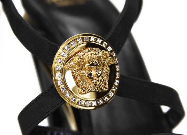 New Versace Gold Black Triple Platform Swarovski Crystals Medusa Shoes  Sandals For Sale at 1stDibs