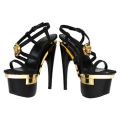 New Versace Gold Black Triple Platform Swarovski Crystals Medusa Shoes Sandals