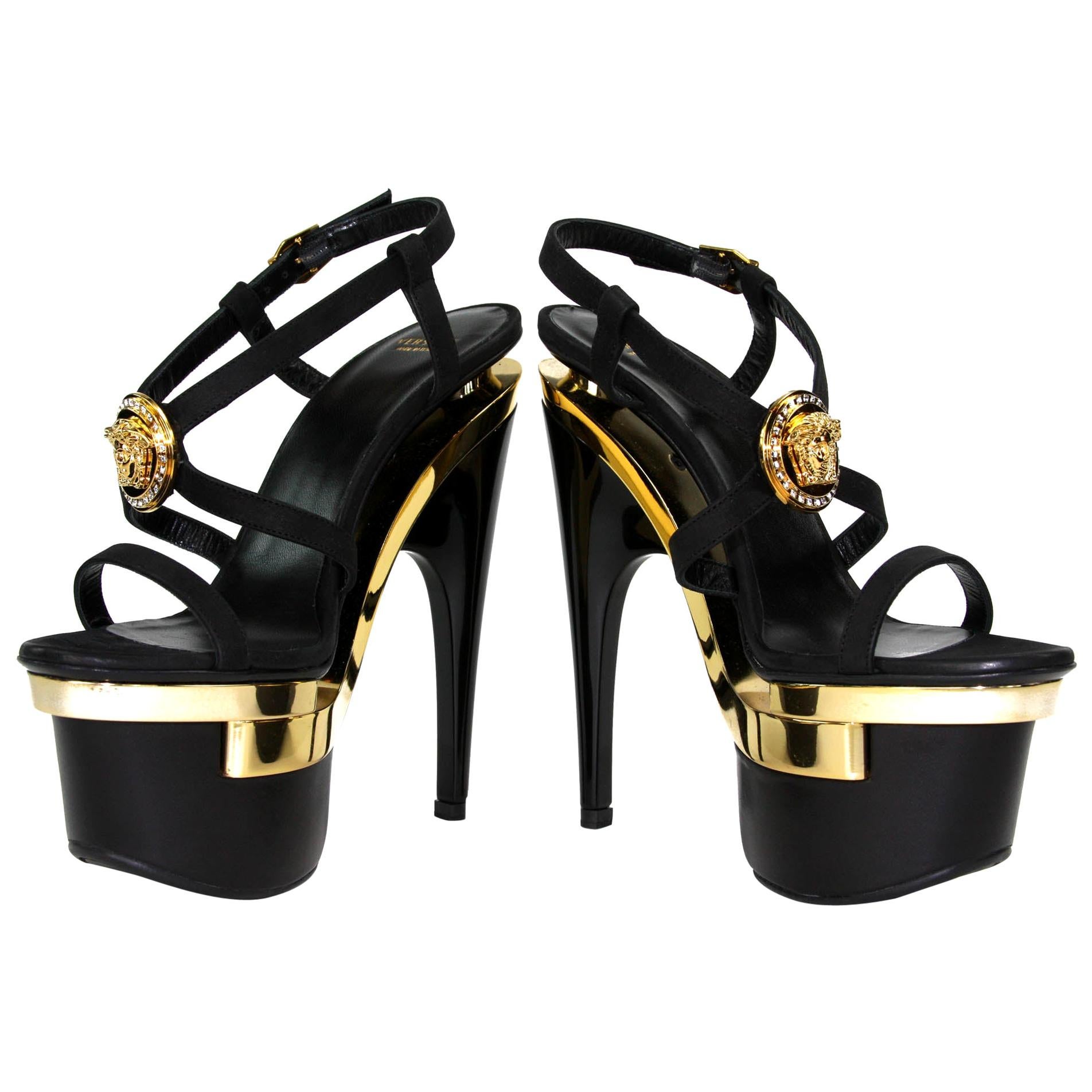 New Versace Gold Black Triple Platform Swarovski Crystals Medusa Shoes Sandals For Sale