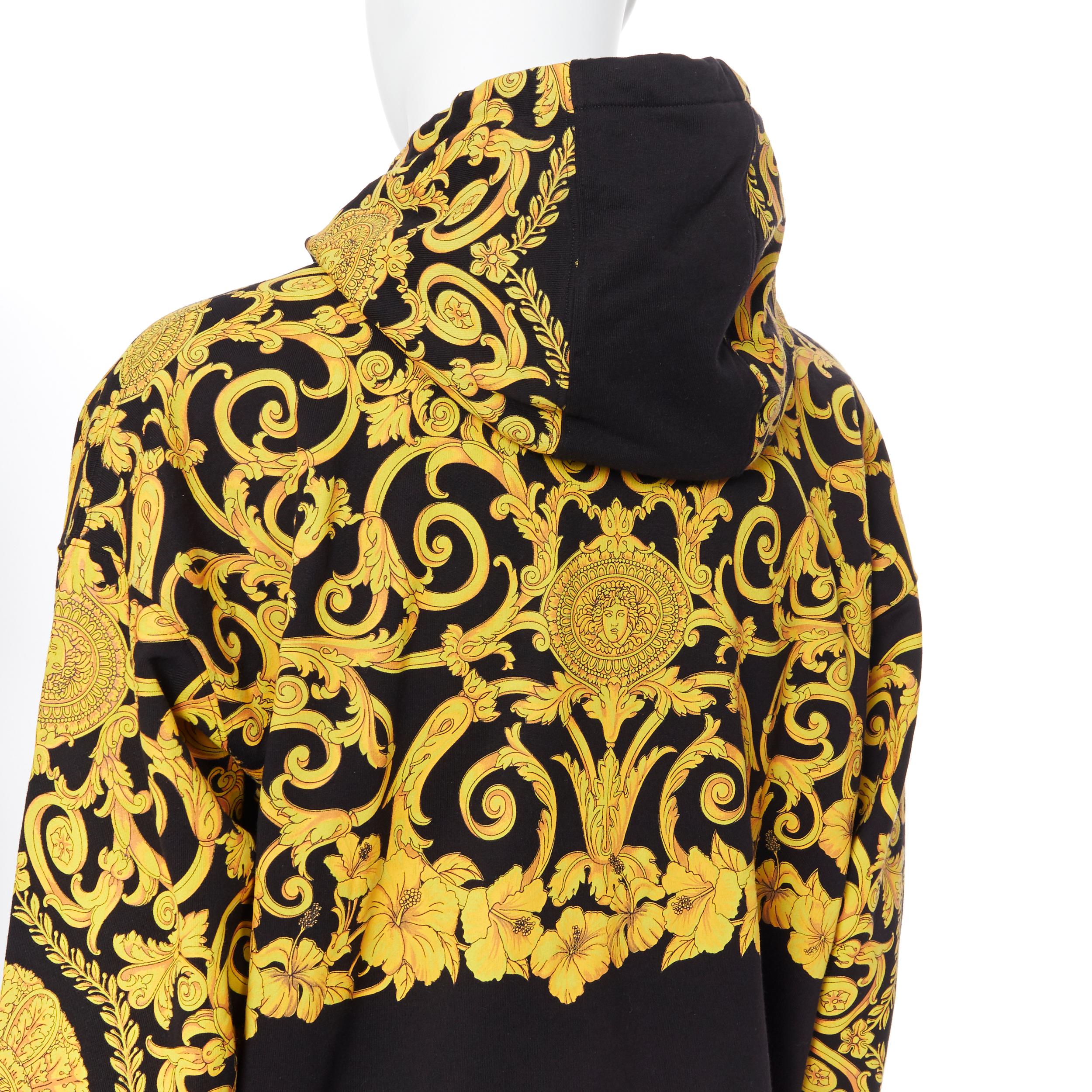 new VERSACE gold Medusa baroque floral print black cotton casual zip hoodie XL 5